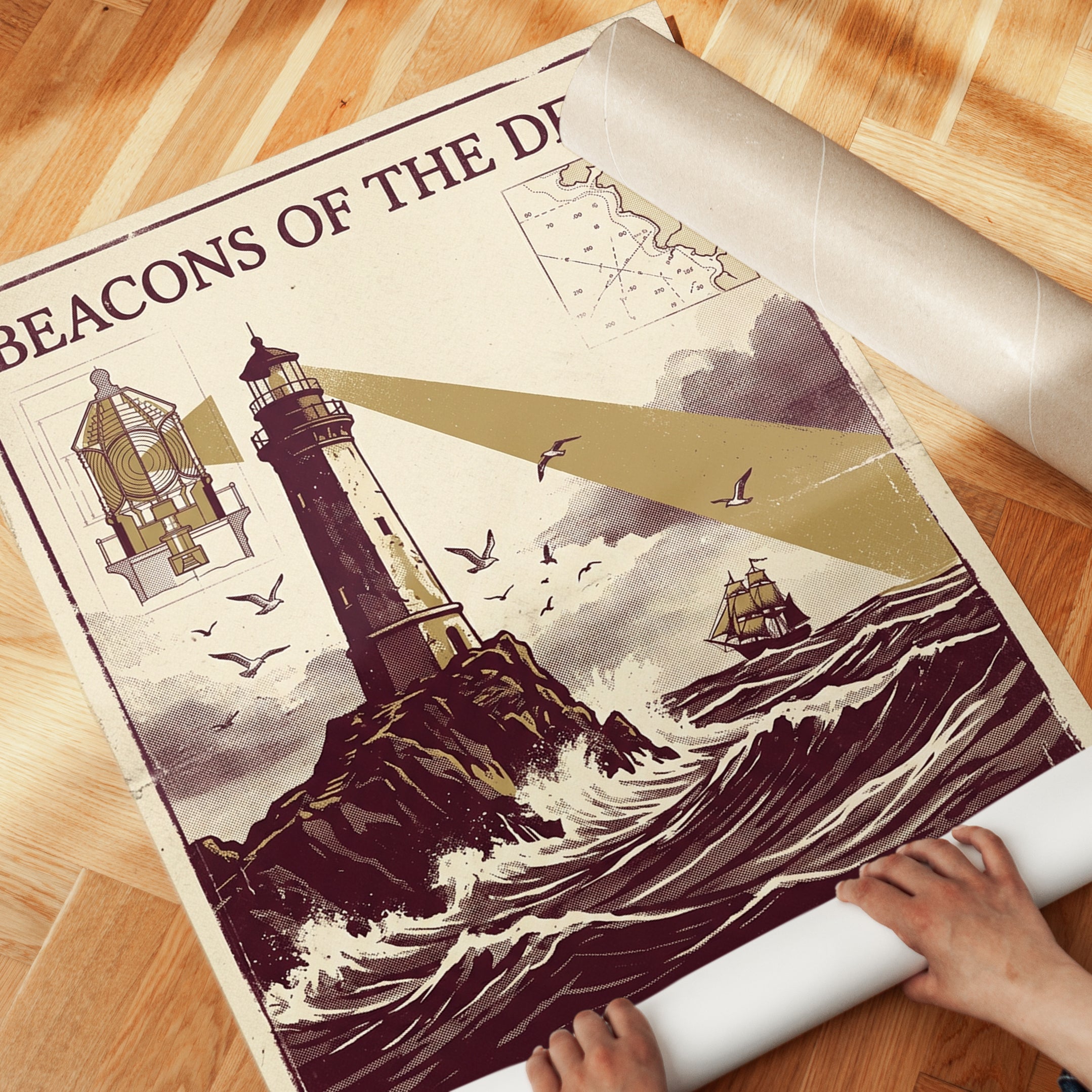 Beacons of the Deep Lighthouse Poster: Vintage Maritime Art Print - detail