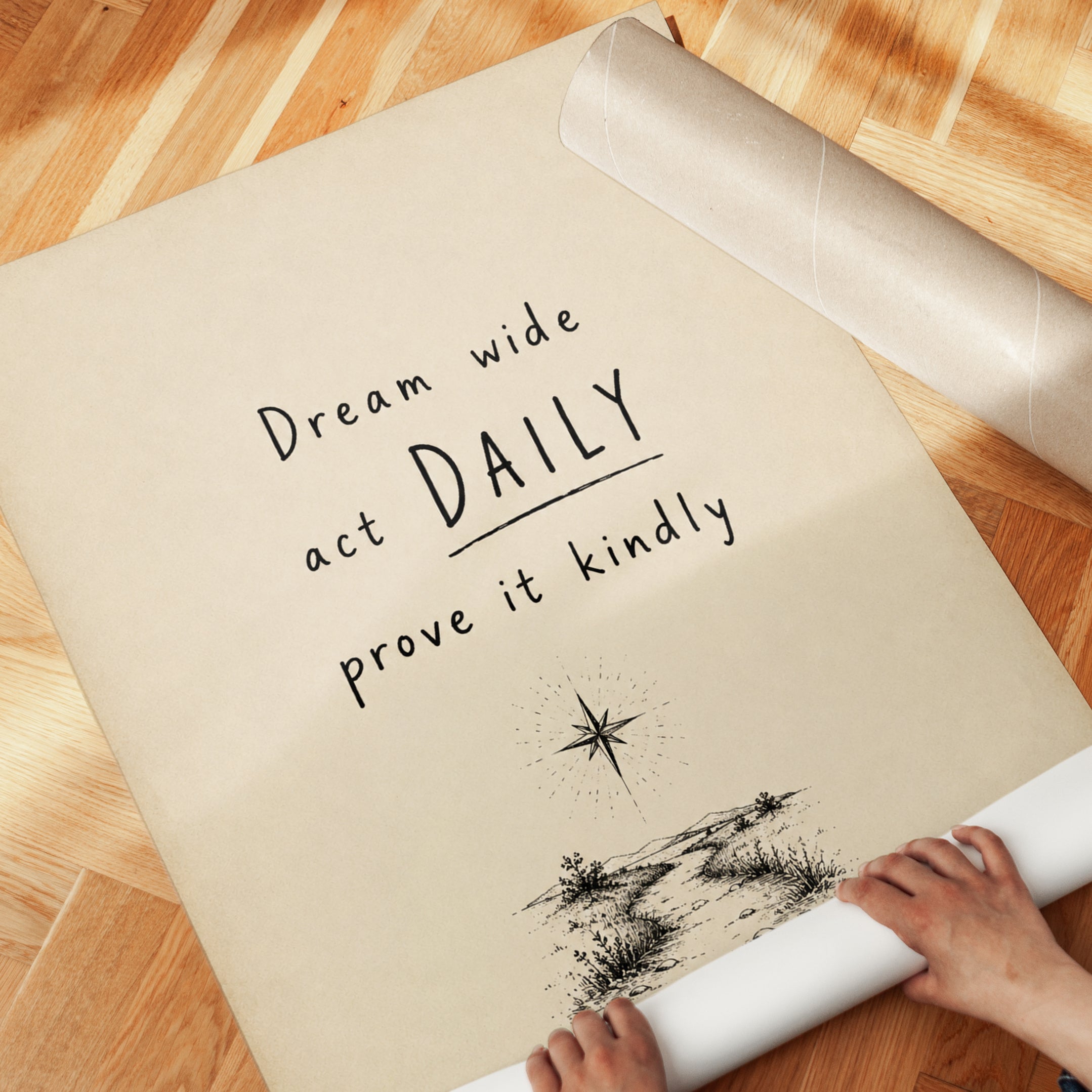 Motivational Quote Print: Dream Wide Act Daily on Cream Background - detail