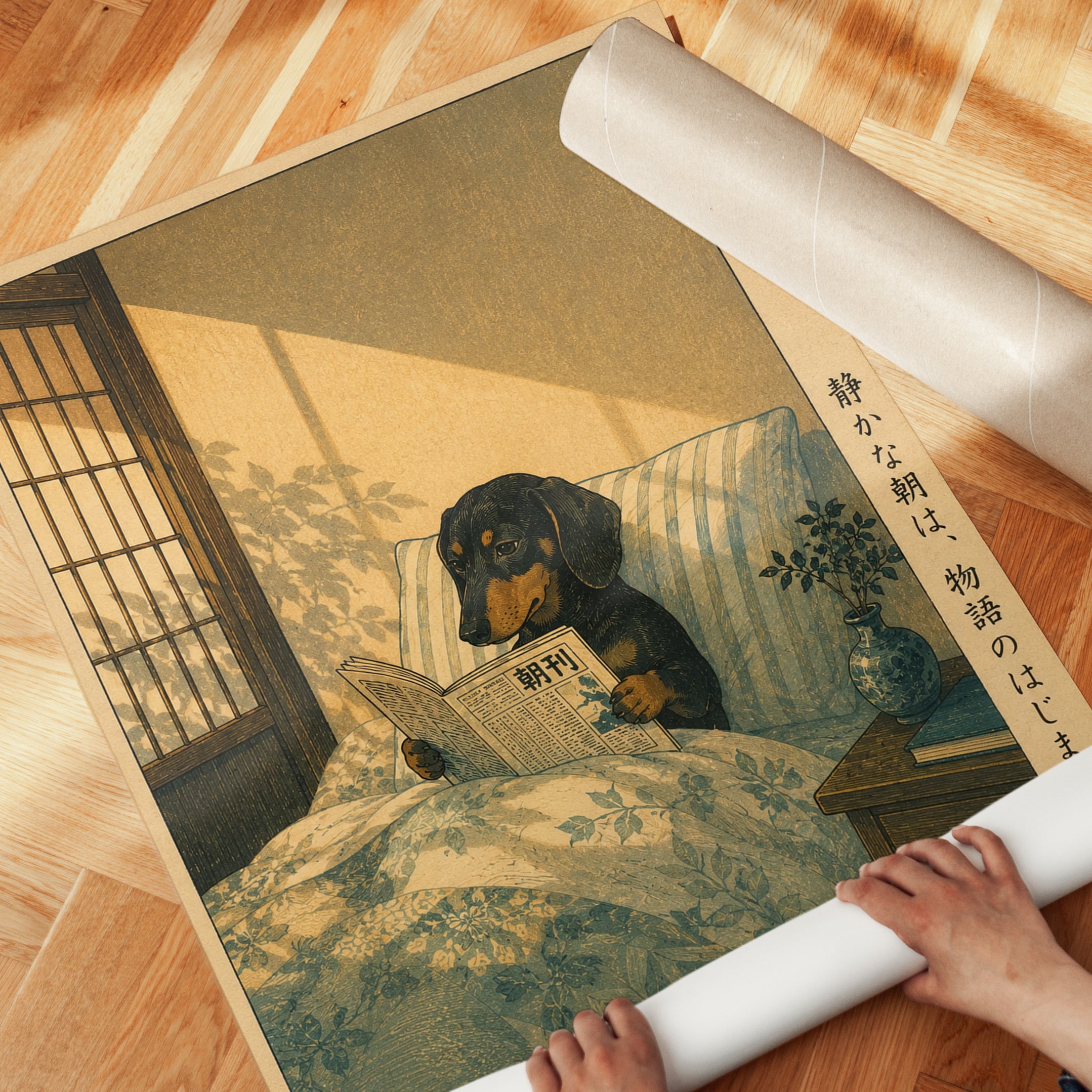 Japanese Dog Reading Art – Dachshund Wall Print - detail