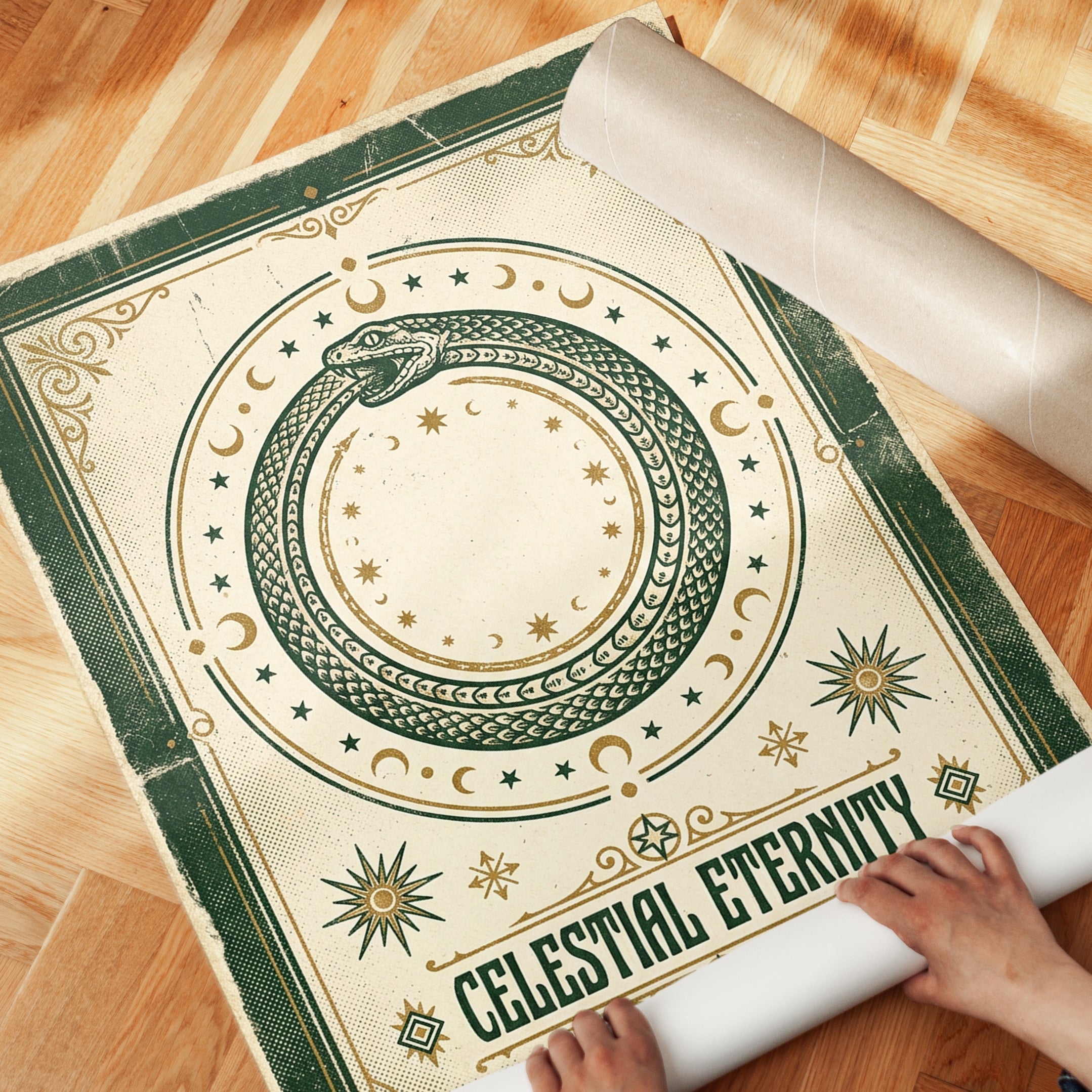 Celestial Ouroboros Print — Mystical Snake & Moon Phases - detail