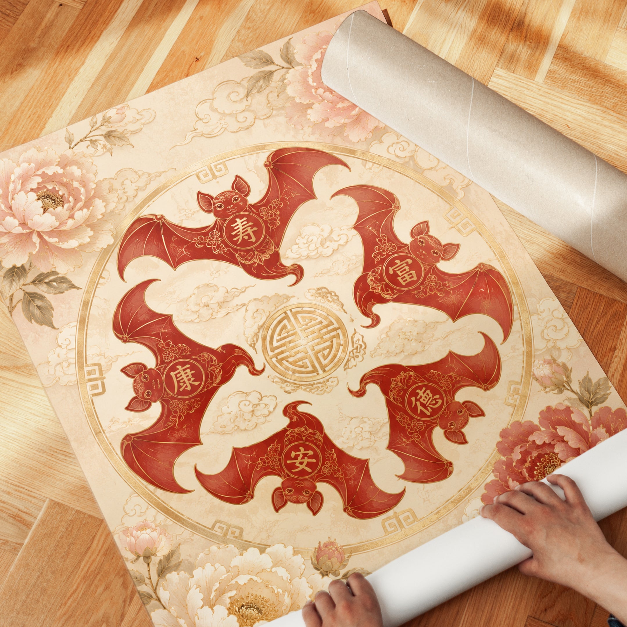 Five Blessings Bat Circle Art Print: Chinese Peony Folk Design - detail