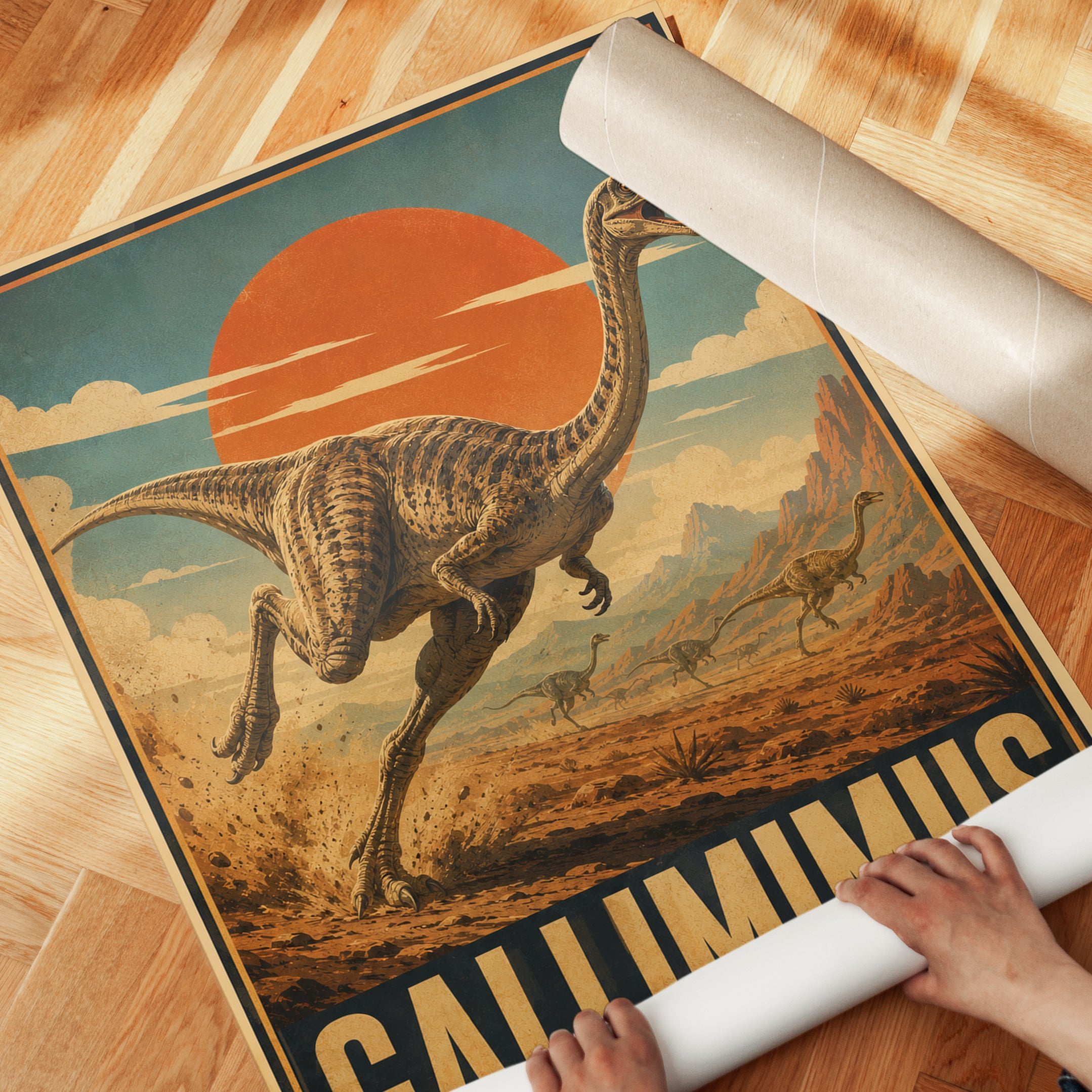 Gallimimus Dinosaur Poster: Vintage Retro Travel Art Print - detail