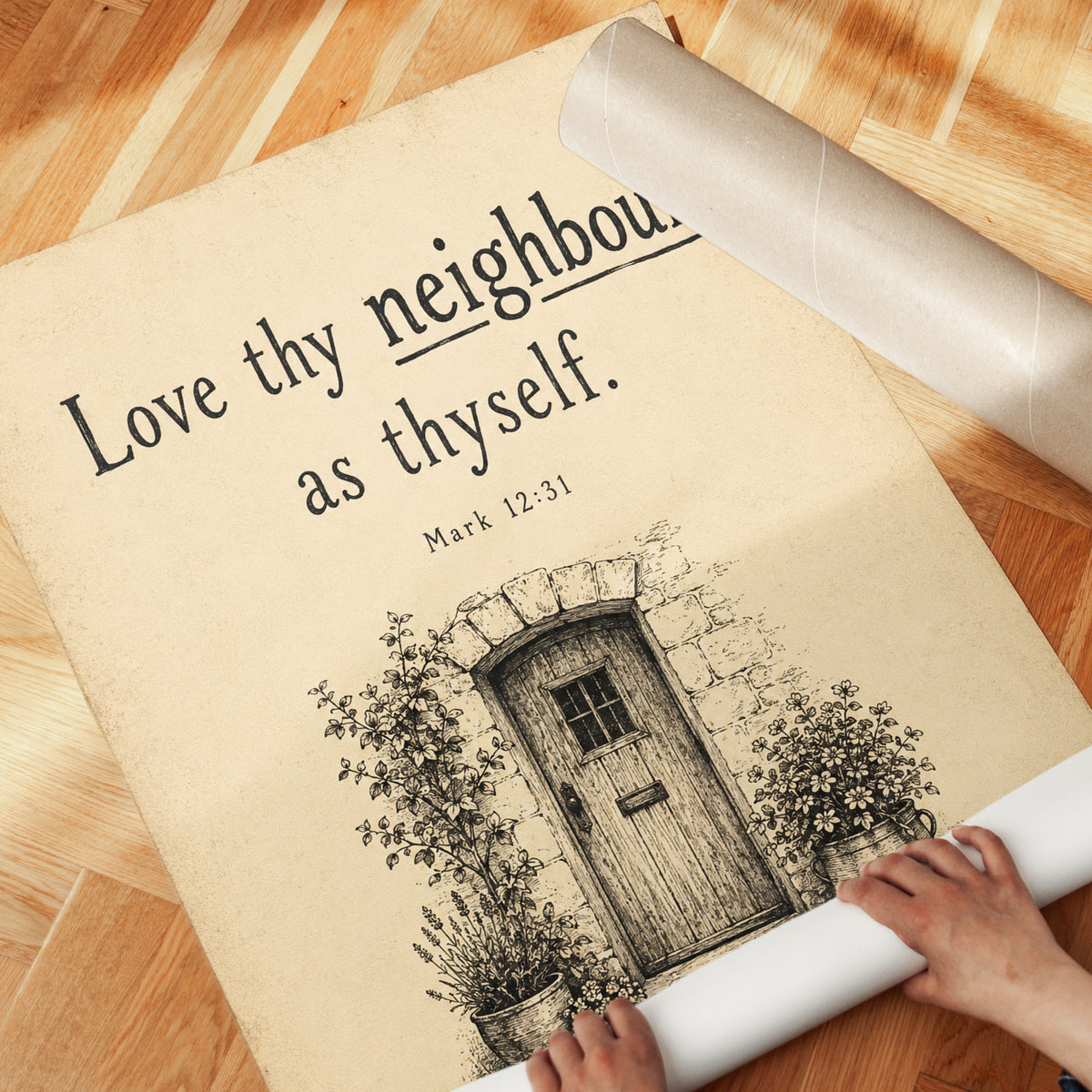 Biblical Wall Art Print: Rustic Cottage Illustration - detail
