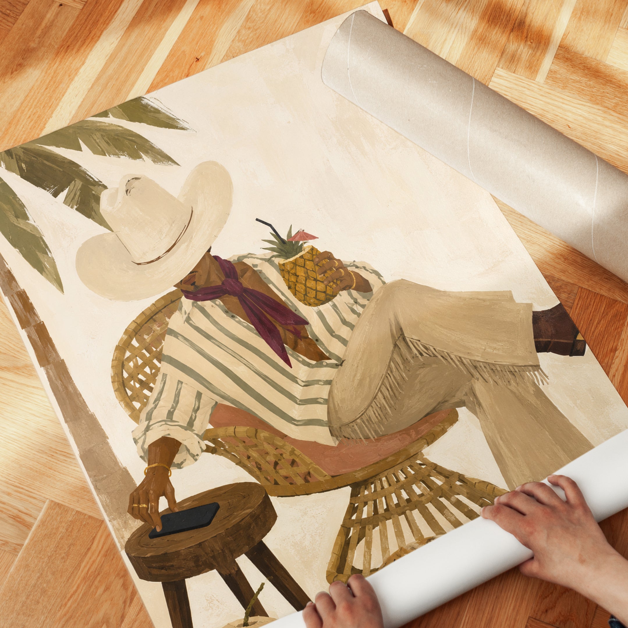 Tropical Leisure Wall Art: Figure With Pineapple In Rattan Chair - detail