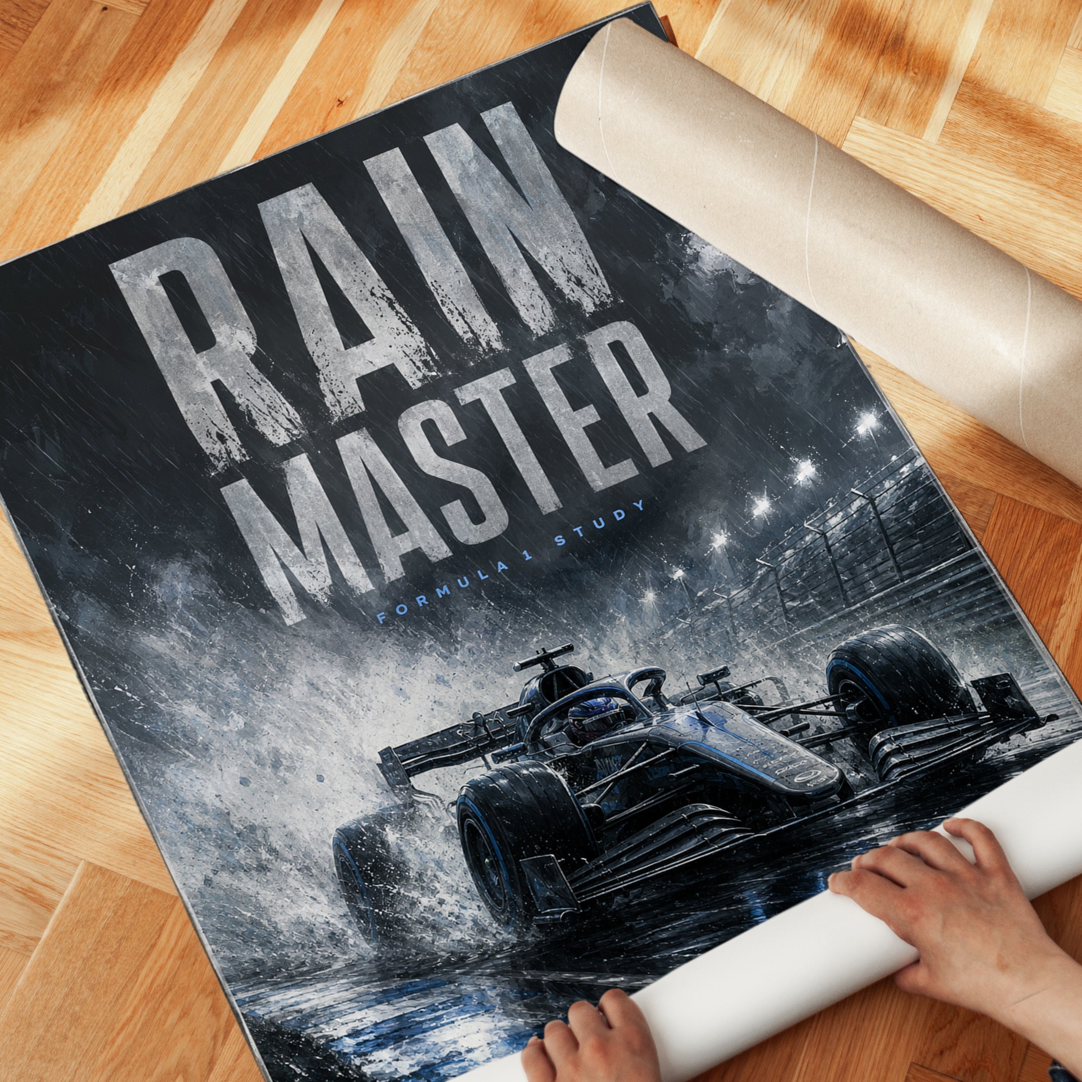Formula 1 Rain Racing Poster: Dark Blue Motorsport Wall Art - detail