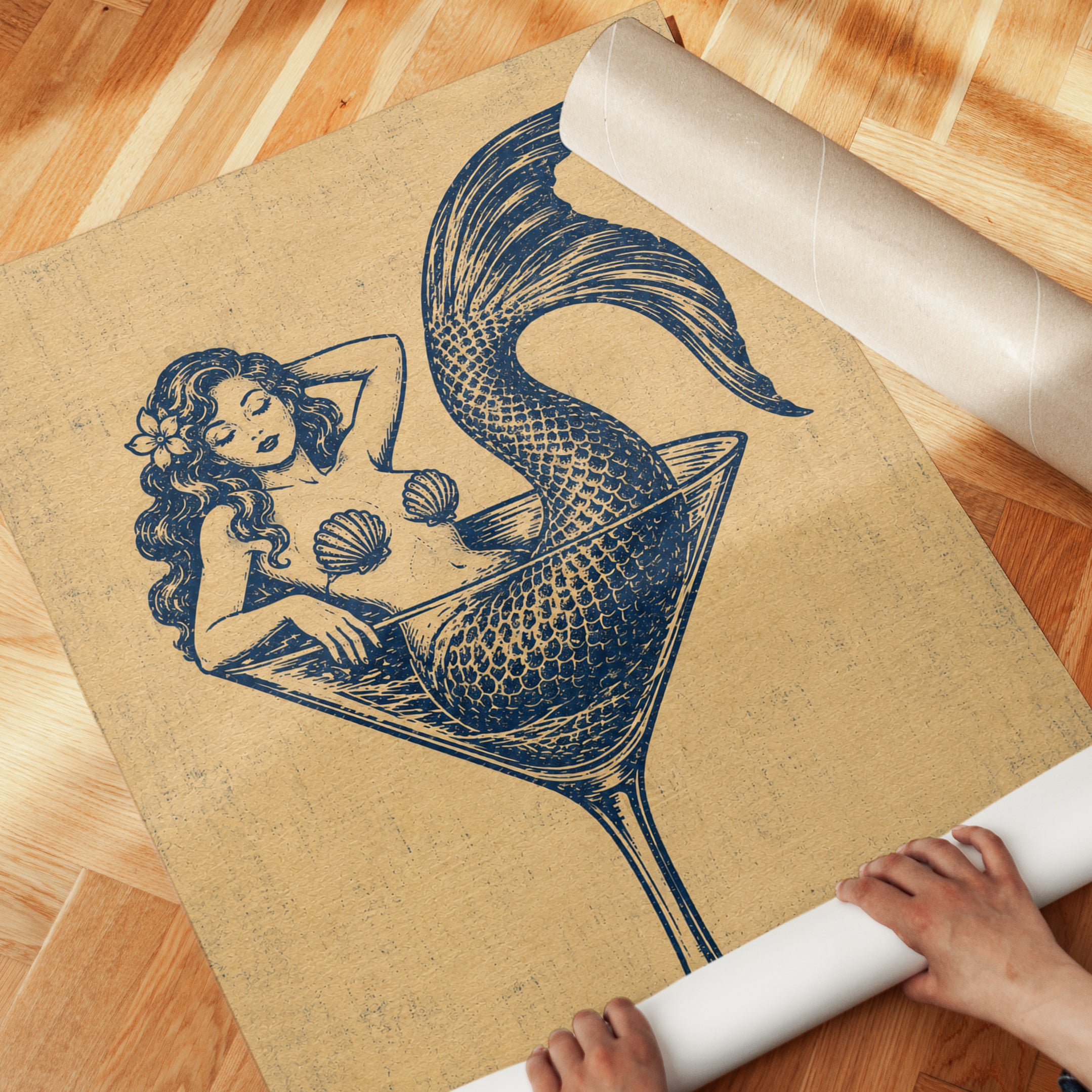 Mermaid Martini Glass Print: Vintage Blue Nautical Wall Art - detail