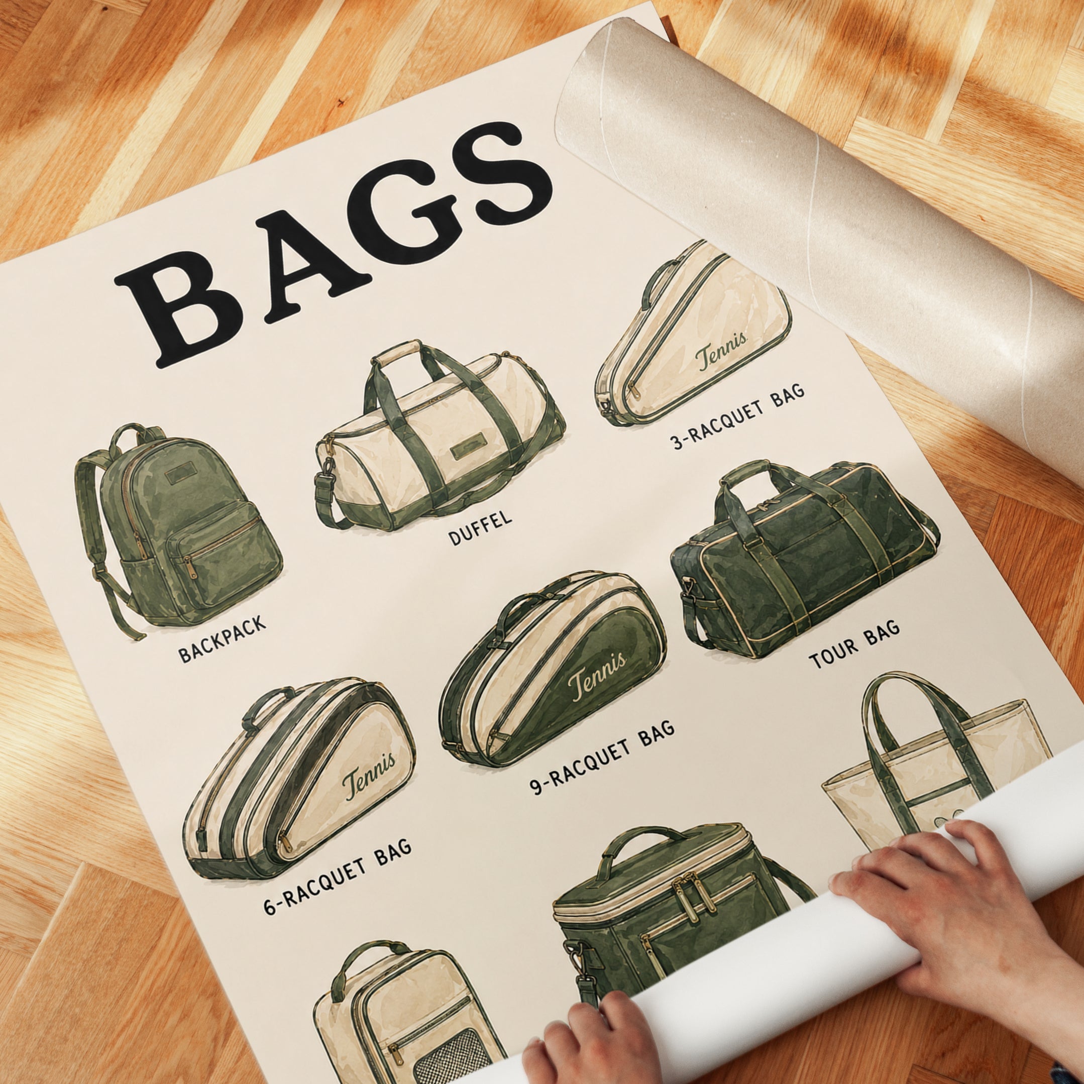 Vintage Tennis Bags Chart: Retro Sports Equipment Illustration - detail