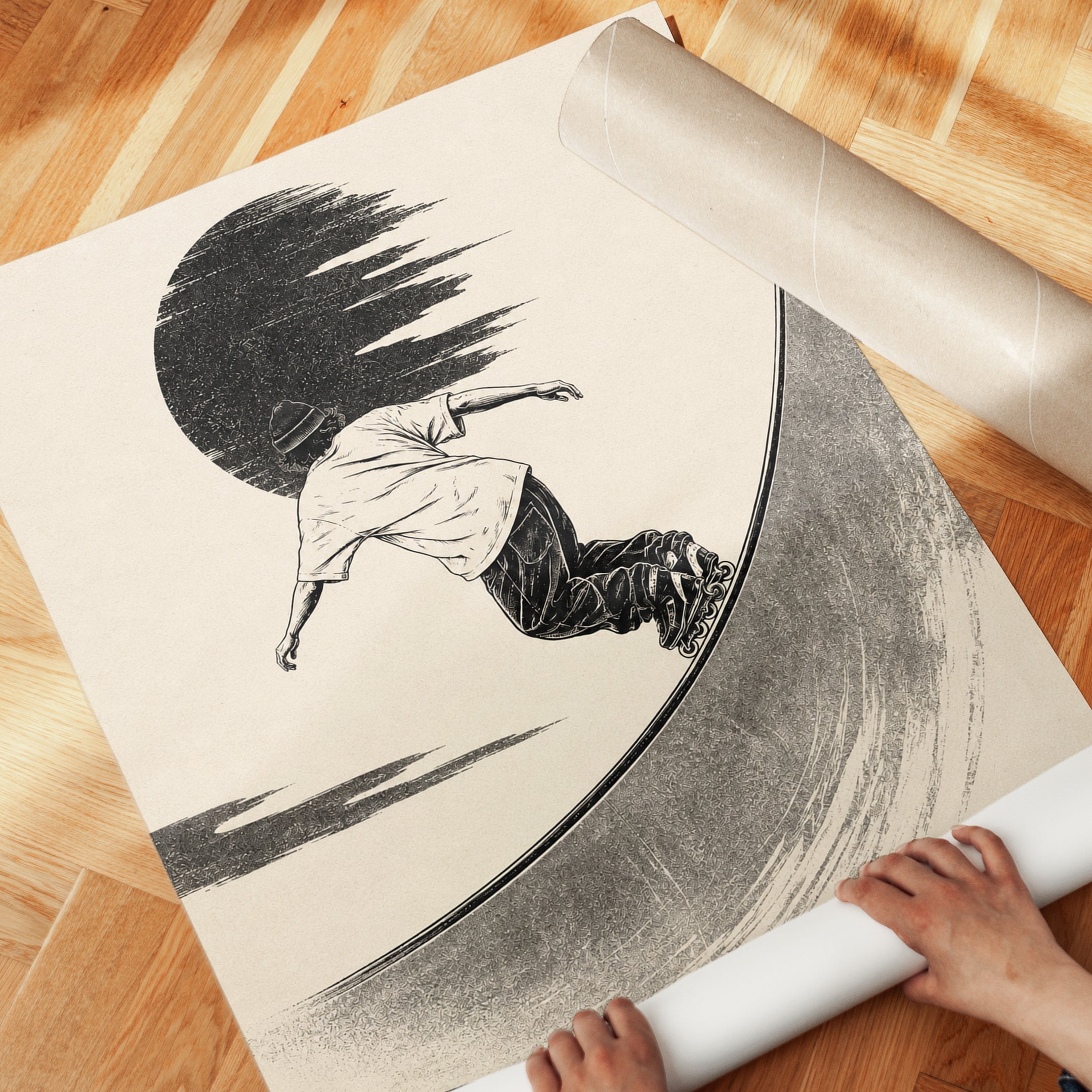 Skateboard Halfpipe Art Print: Minimalist Black Beige Design - detail