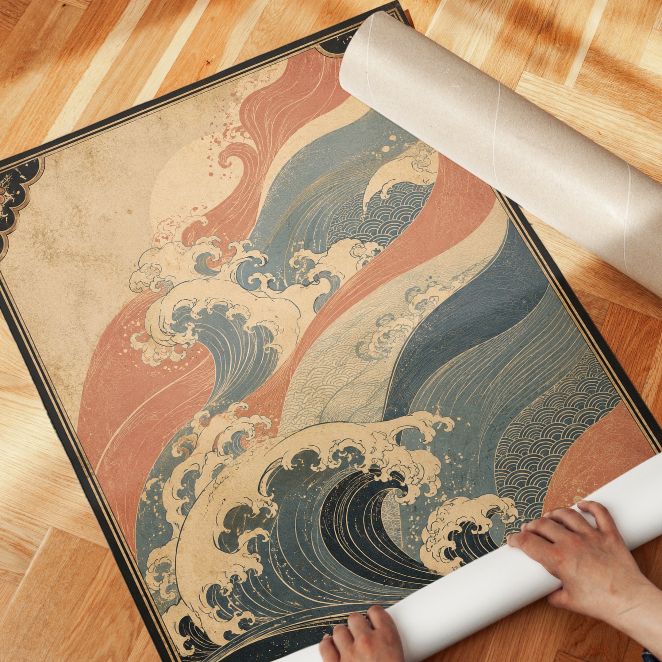 Japanese Wave Art Print: Vintage Ukiyo-e Ocean in Coral & Navy - detail