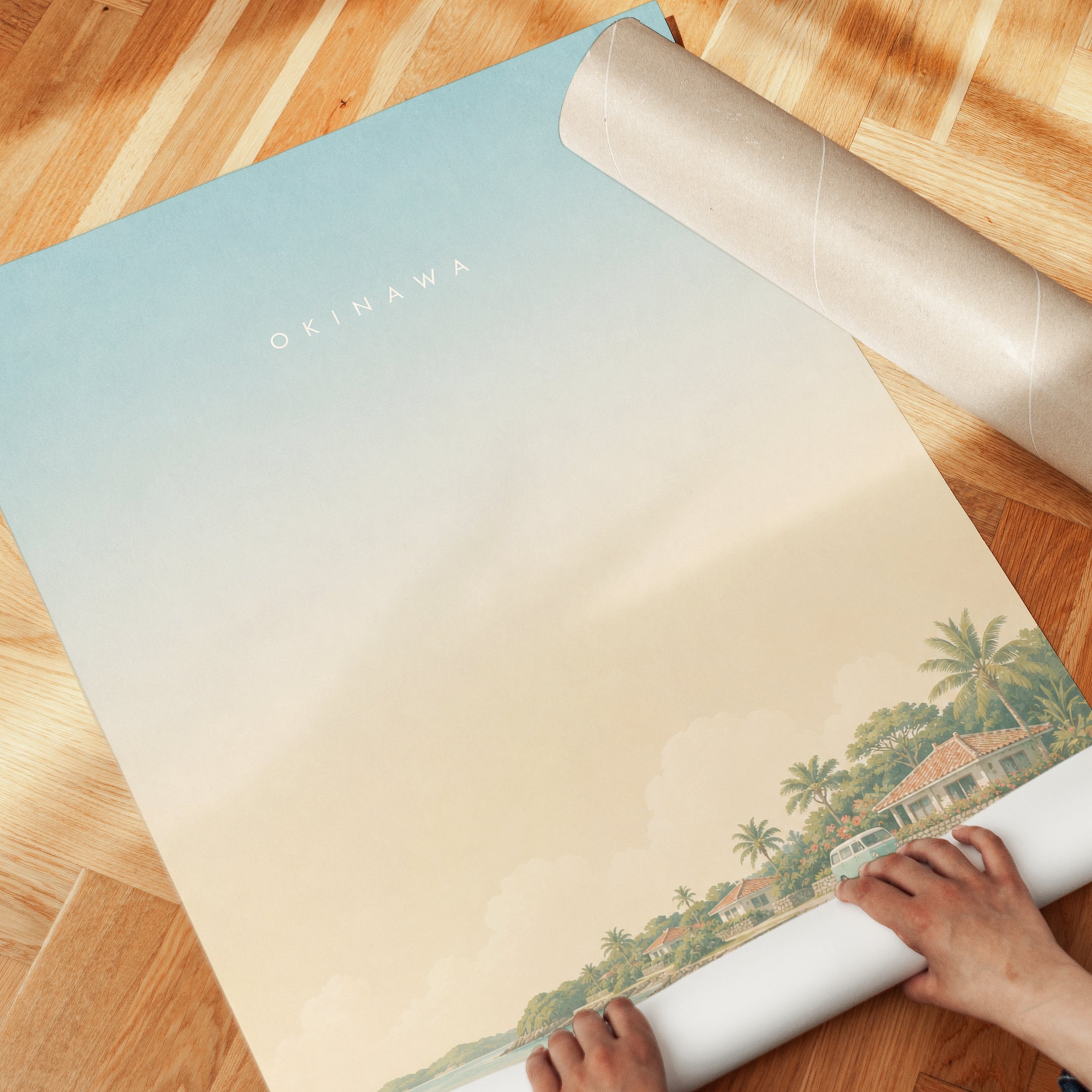 Okinawa Coastal Village Art Print: Pastel Tropical Landscape - detail