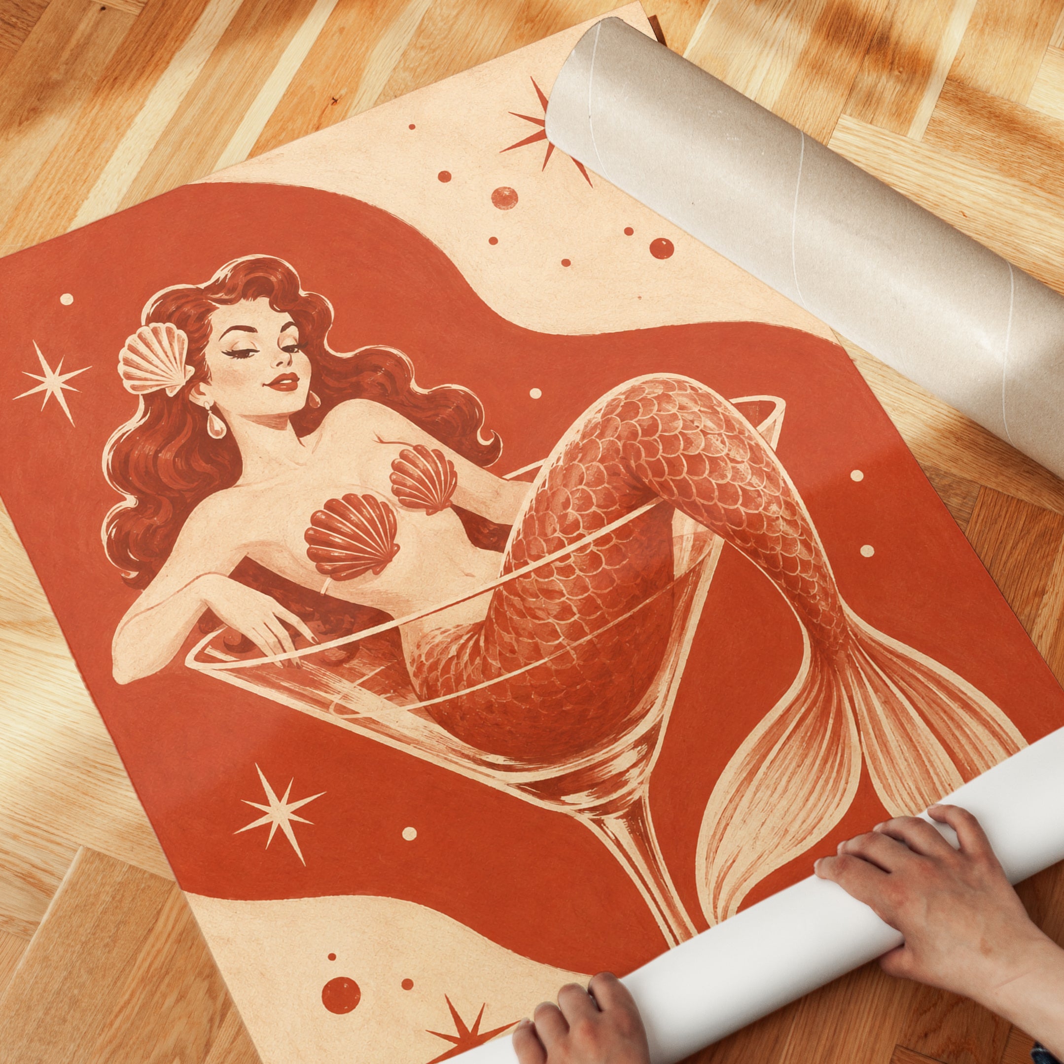 Mermaid Cocktail Print – Retro Bar Art - detail