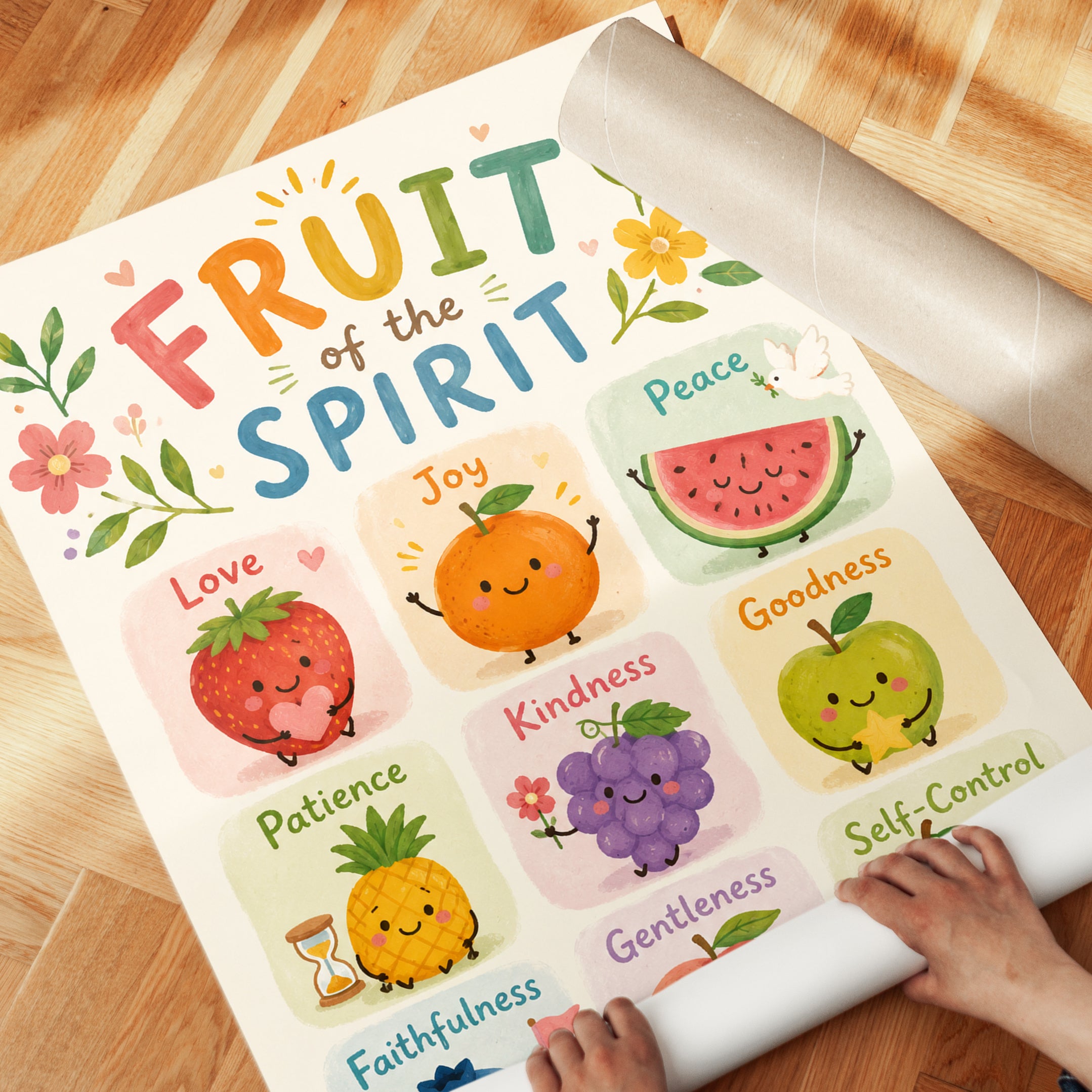Fruit of the Spirit Wall Art: Kawaii Character Illustration - detail