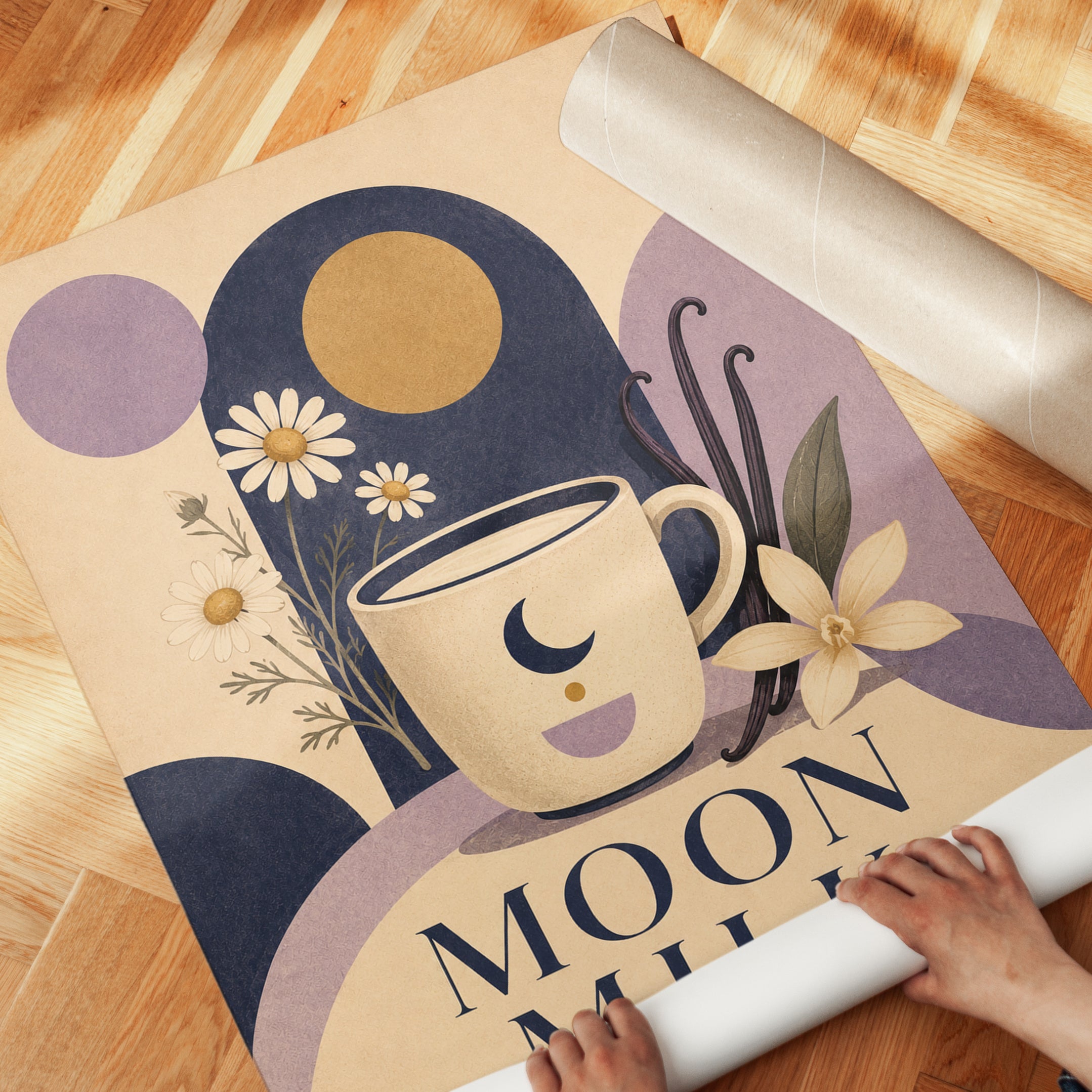 Moon Milk Tea Poster: Art Deco Botanical Chamomile Design - detail