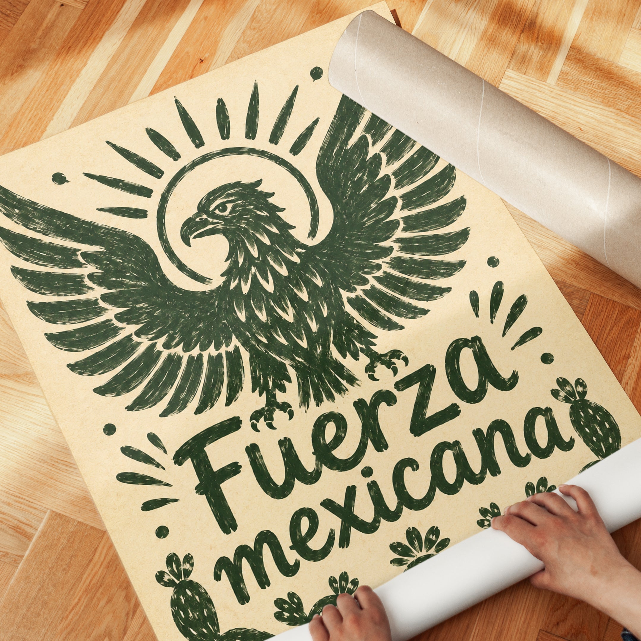 Mexican Eagle Poster: Vintage Folk Art Print with Cacti - detail