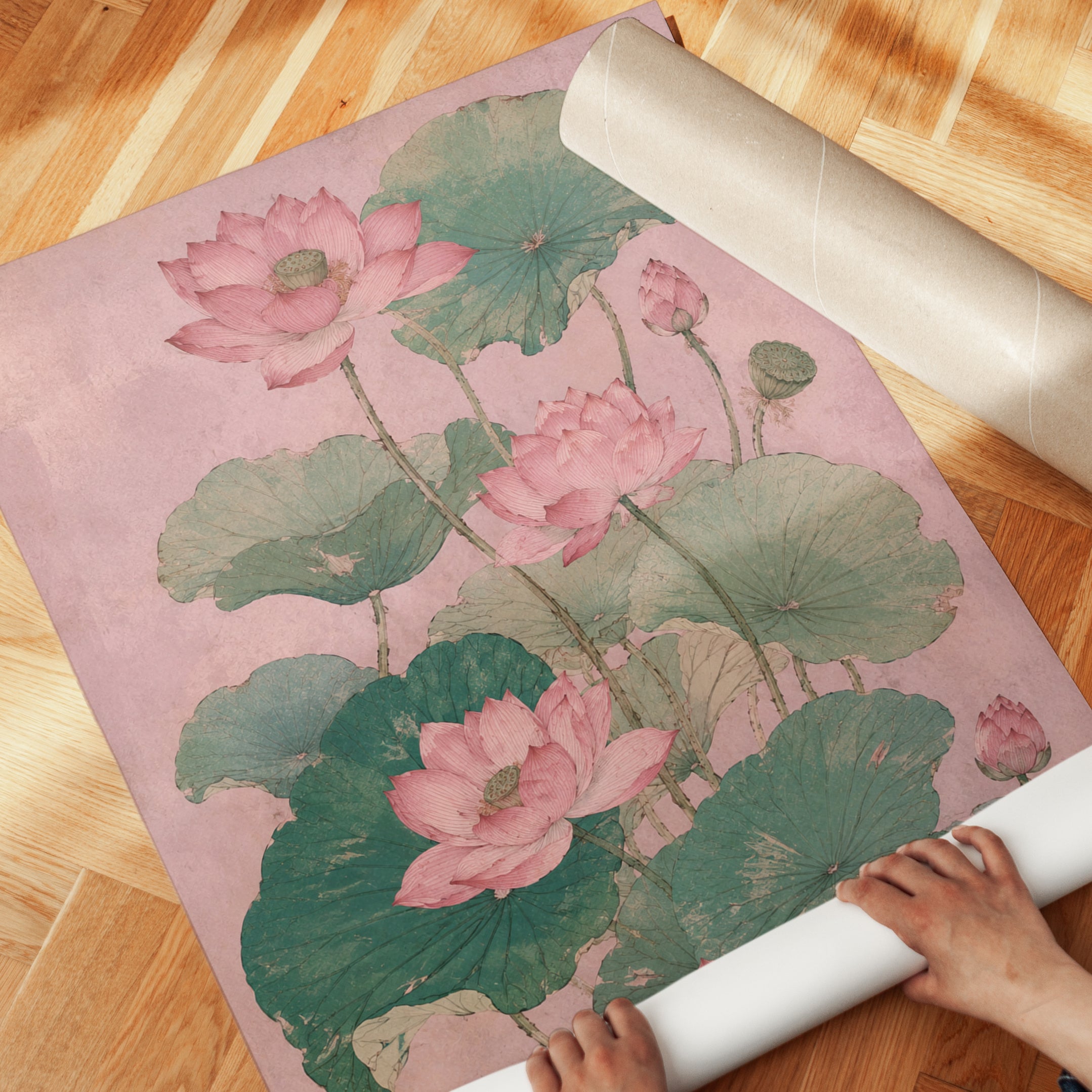 Pink Lotus Flowers Art Print: Vintage Botanical Illustration - detail