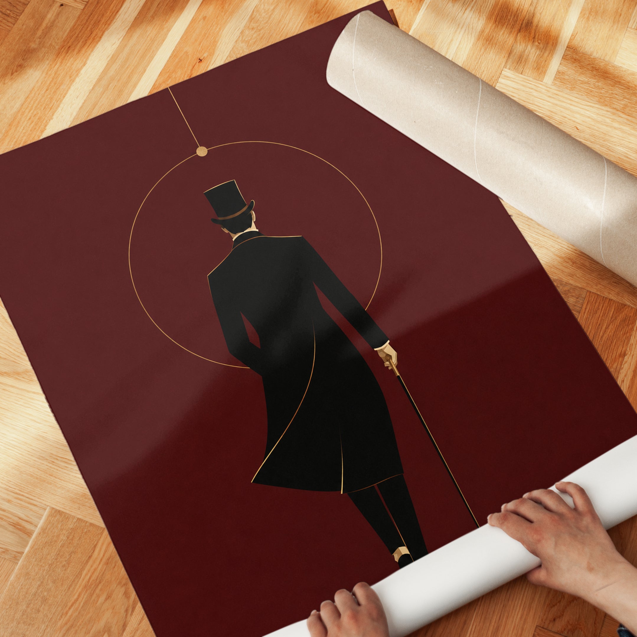Victorian Gentleman Silhouette Art Print: Minimalist Red Noir - detail