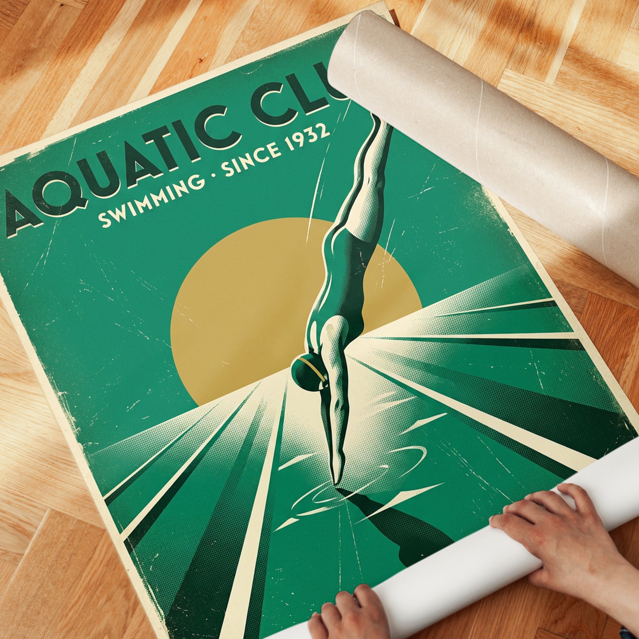 Art Deco Swimming Poster – Vintage Aquatic Club Diver Print - detail