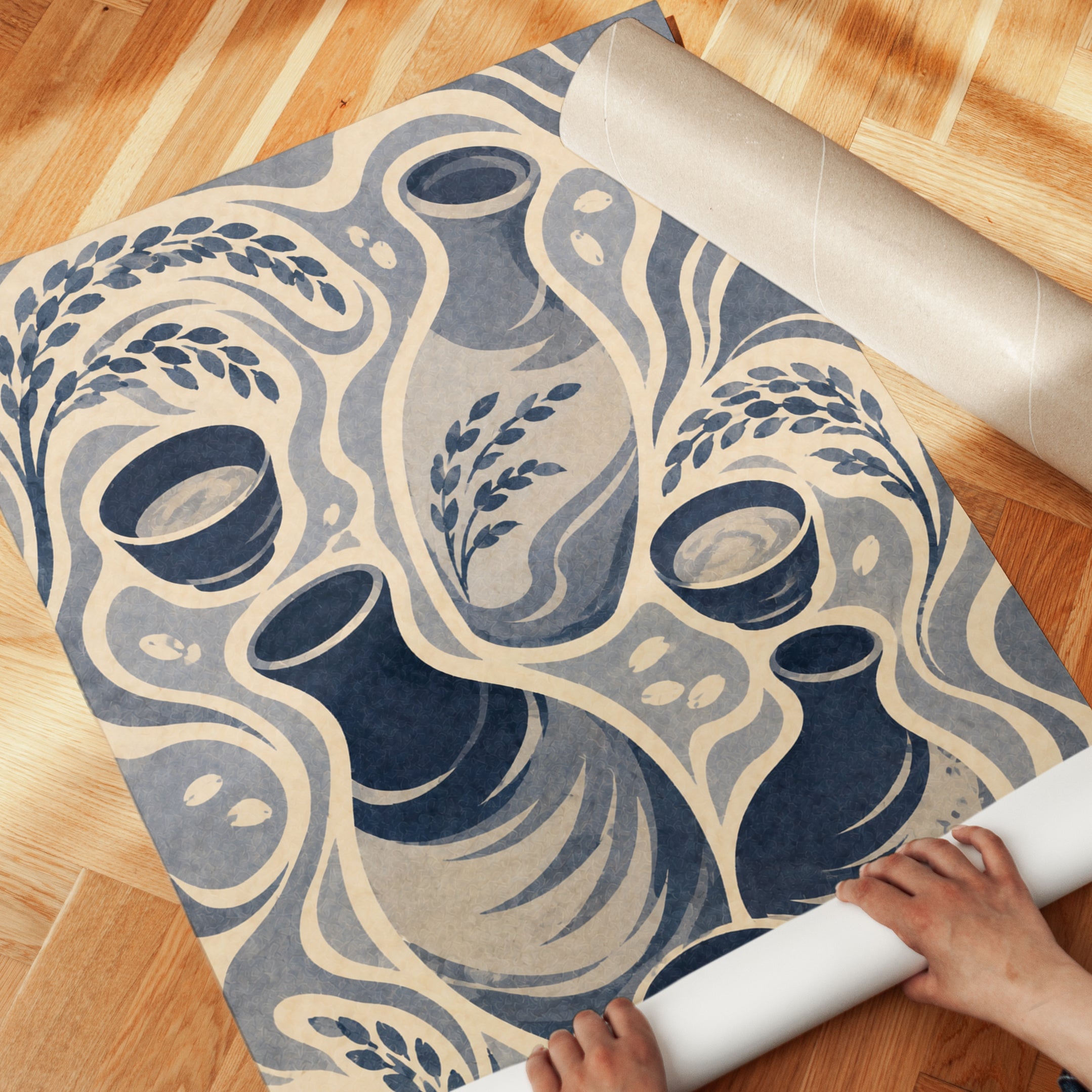 Ceramic Vessels and Wheat Art Print: Folk Art Navy and Beige - detail