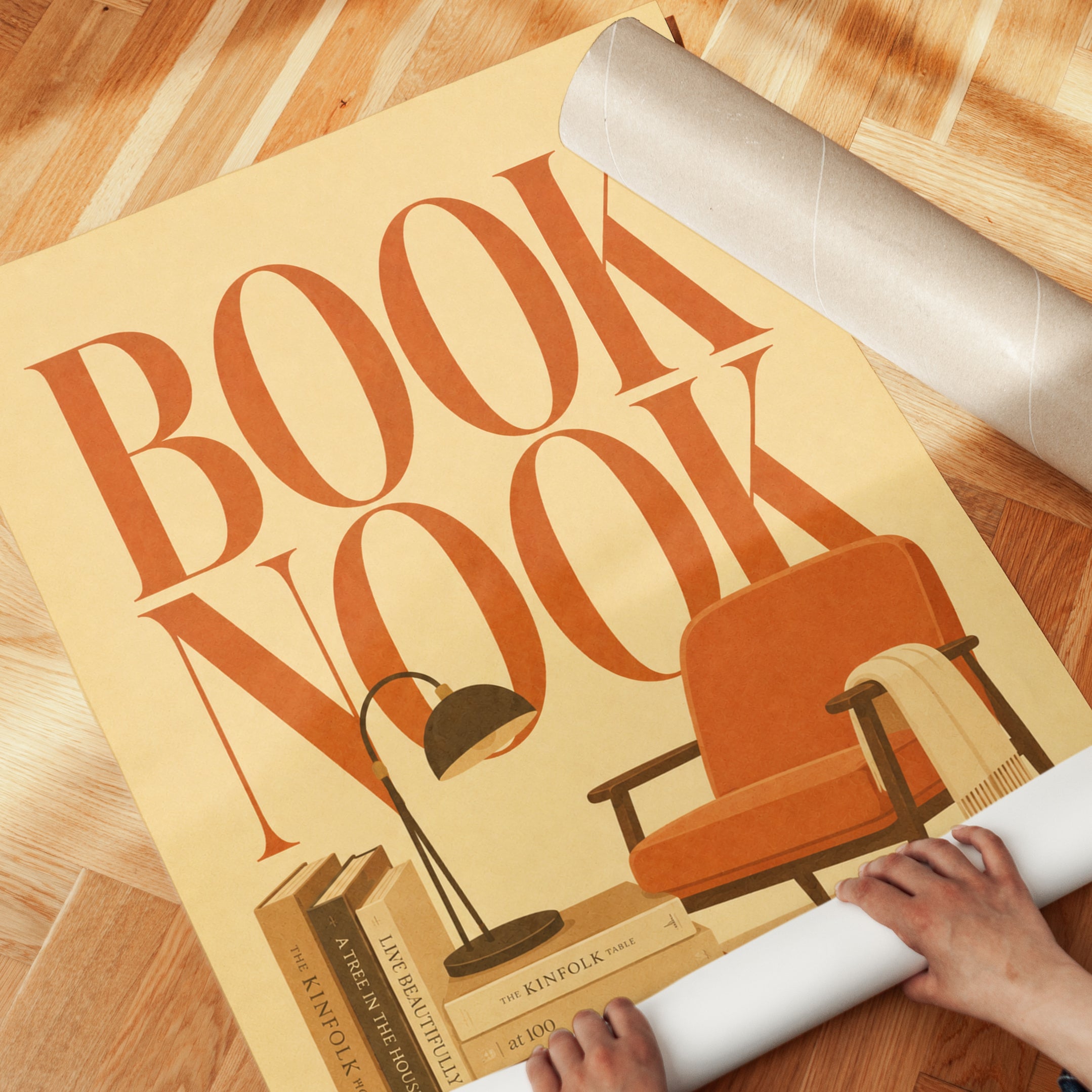 Book Nook Reading Corner Print: Mid-Century Modern Orange Design - detail