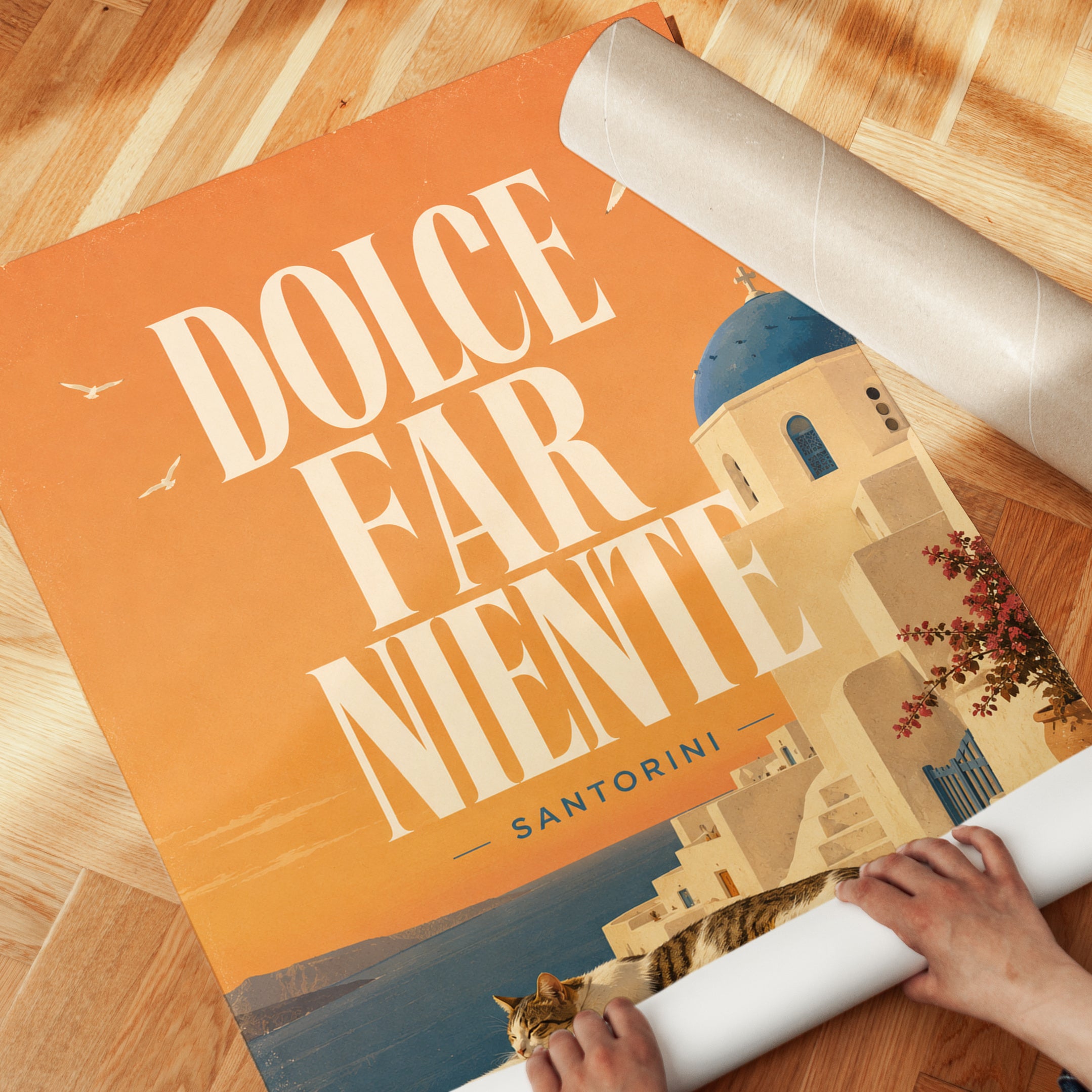 Santorini Travel Poster: Vintage Greek Island With Blue Dome - detail