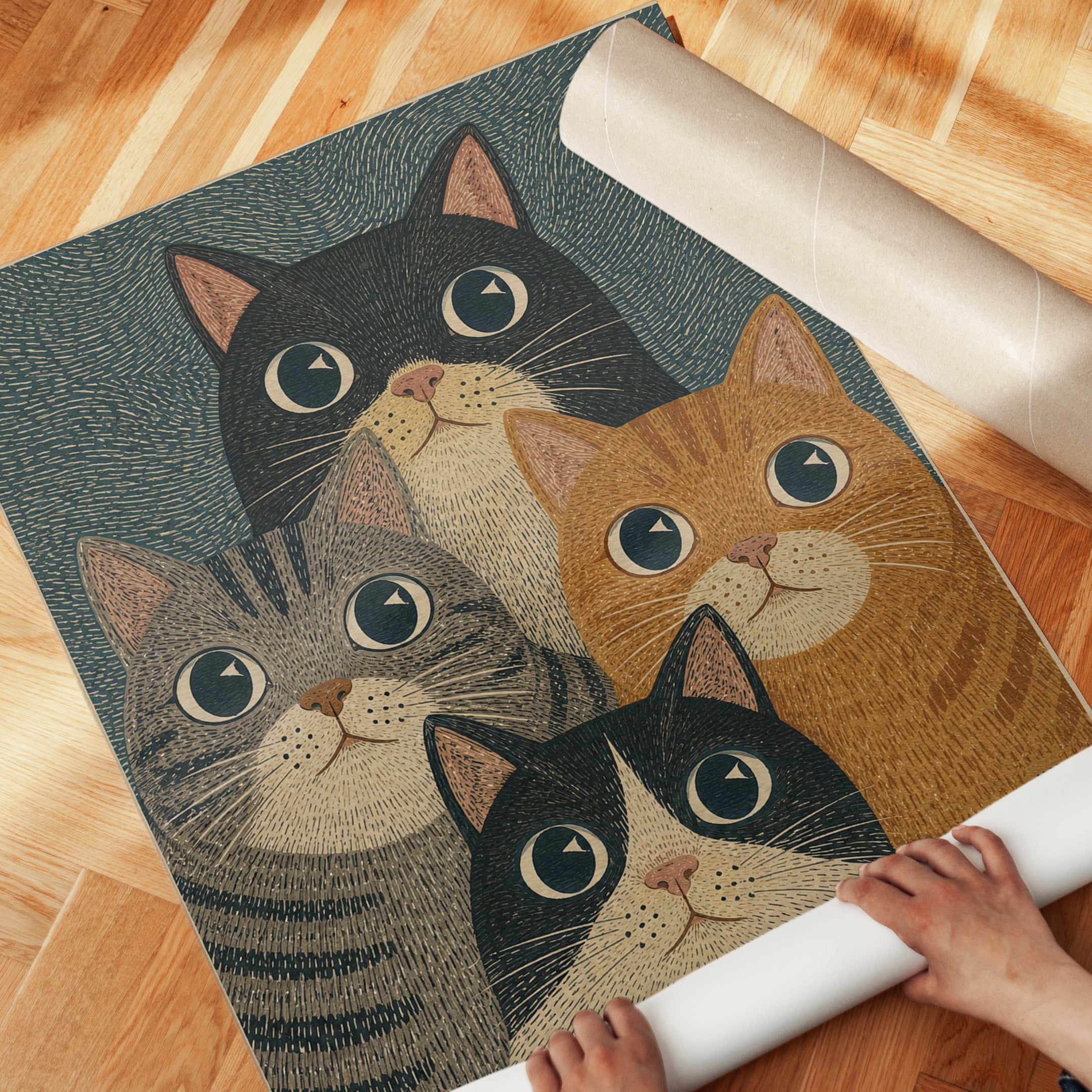 Japanese Folk Art Cat Print - detail