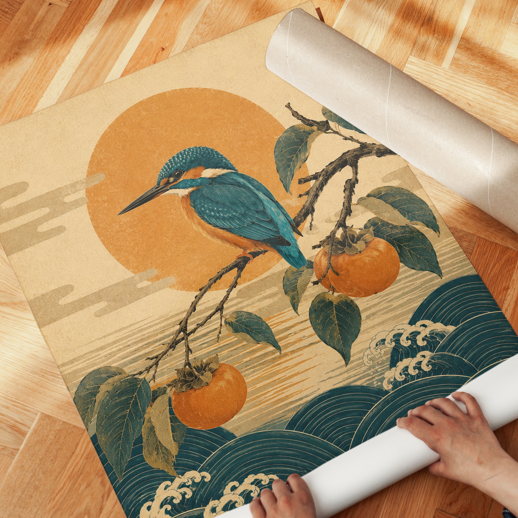 Kingfisher Wall Art: Asian Botanical Print (Ukiyo-e Style) - detail