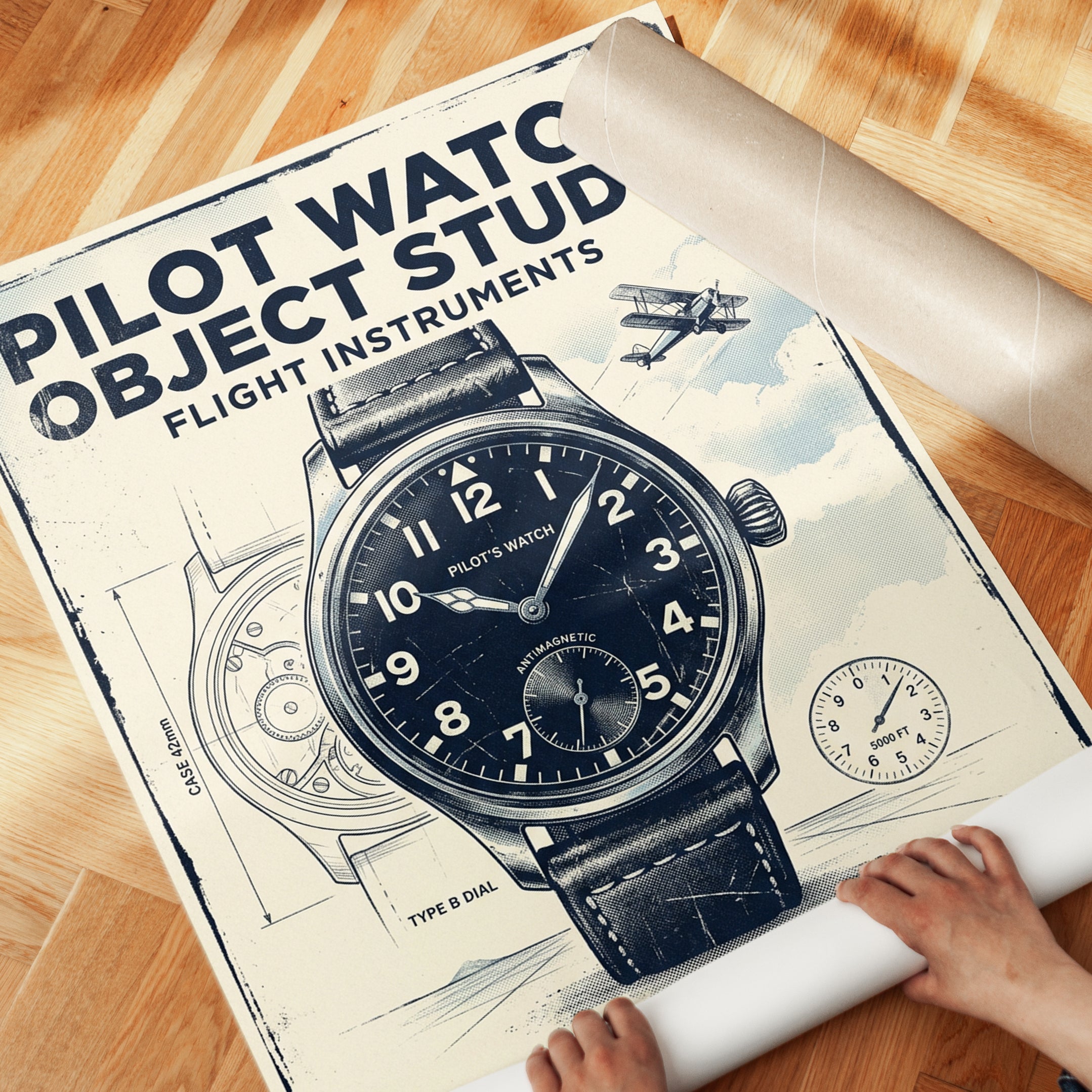 Pilot Watch Object Study Poster: Vintage Aviation Blueprint Art - detail