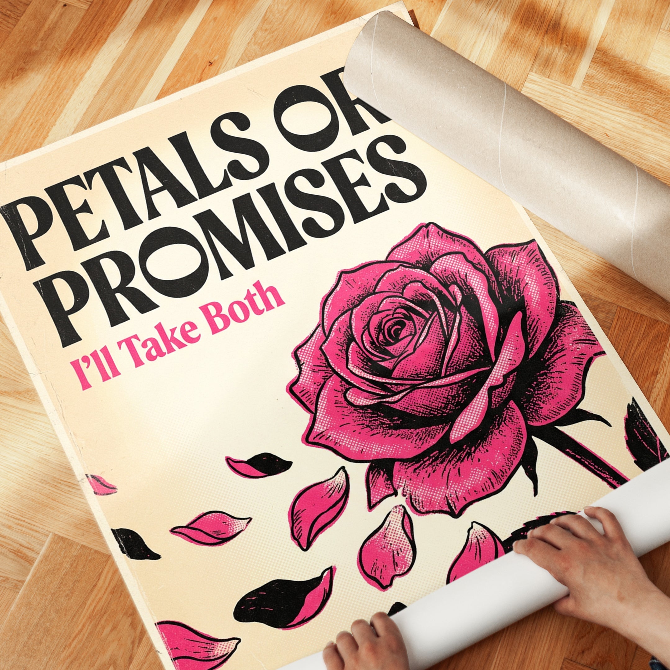 Petals Or Promises Poster: Vintage Pink Rose Typography Art - detail