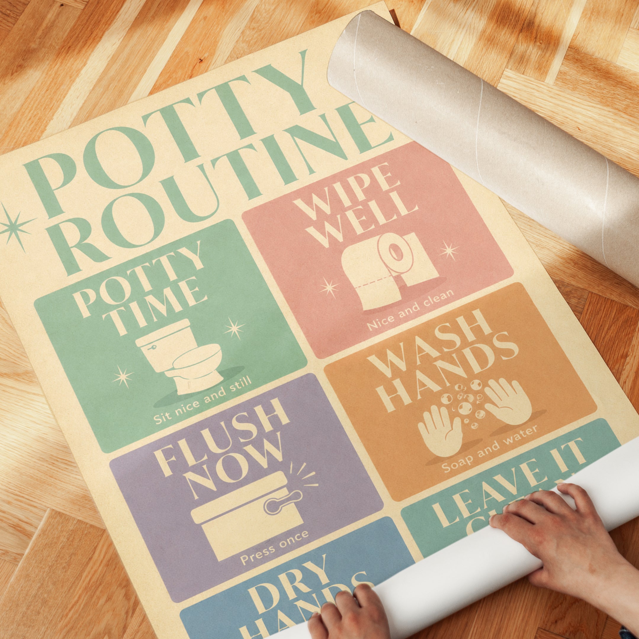 Potty Routine Chart Print: Retro Kids Bathroom Art - detail