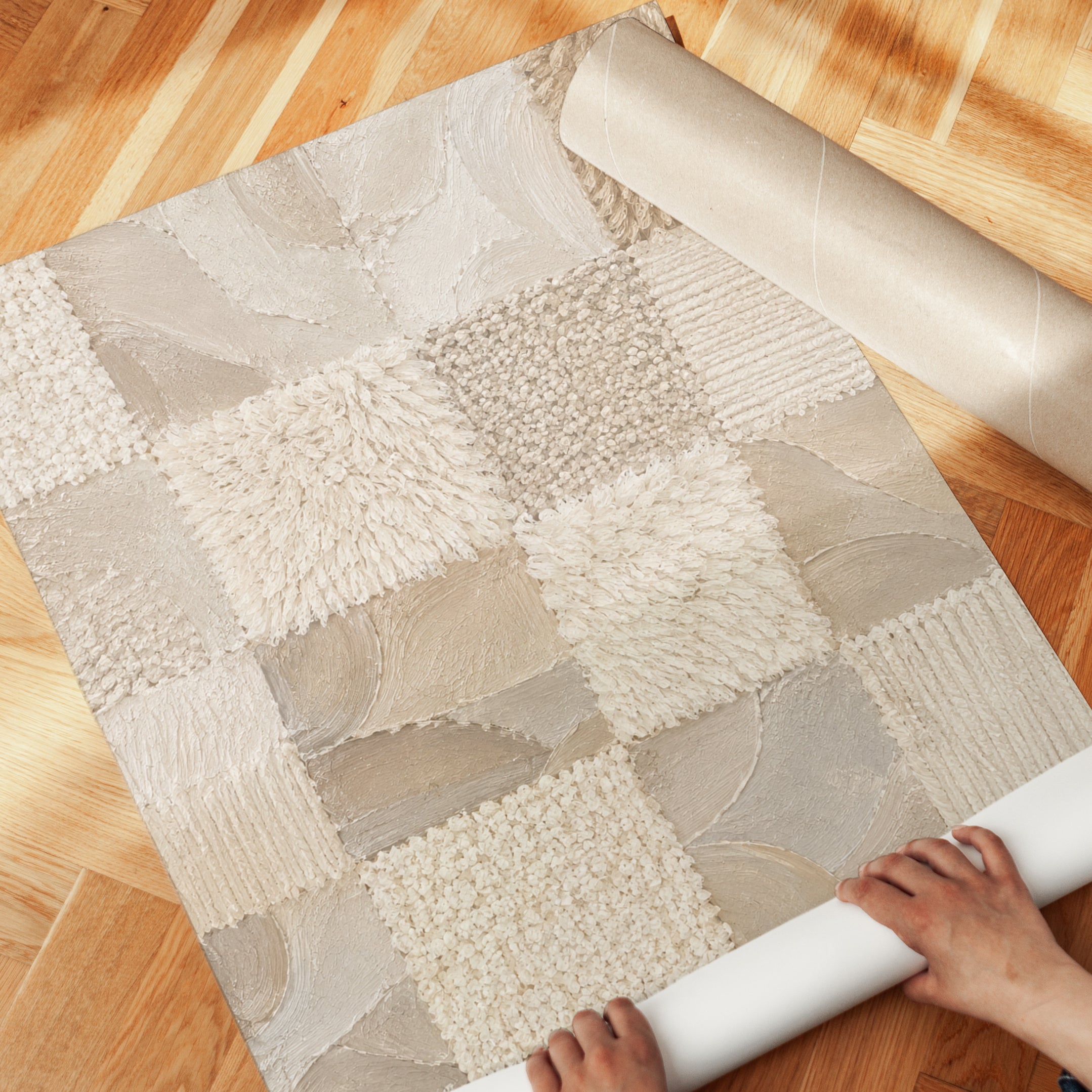 Textured Beige Patchwork Wall Art: Abstract Fiber Collage - detail