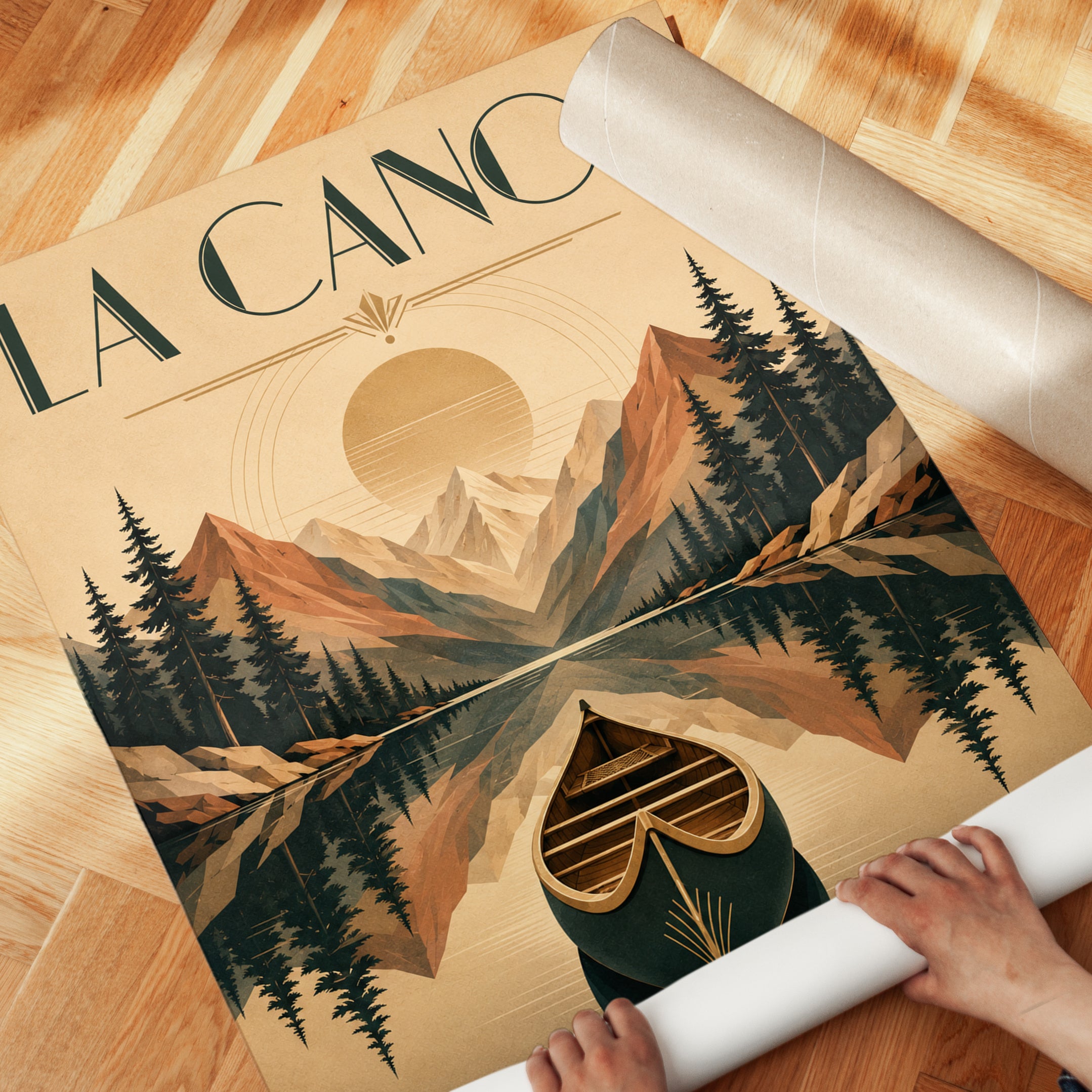 La Canoa Mountain Lake Poster: Art Deco Vintage Travel Design - detail