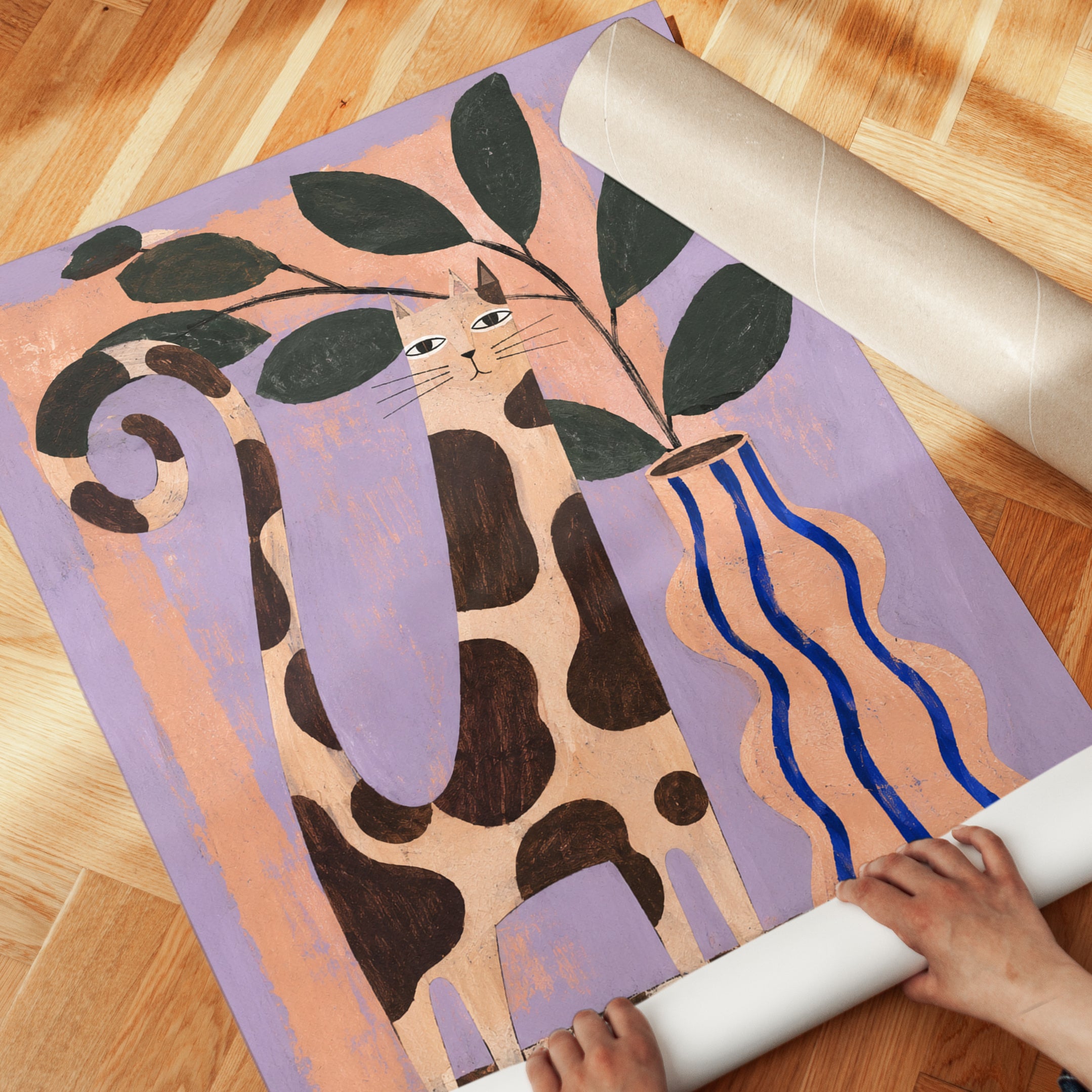 Spotted Cat with Plant Vase: Folk Art Style Wall Art - detail