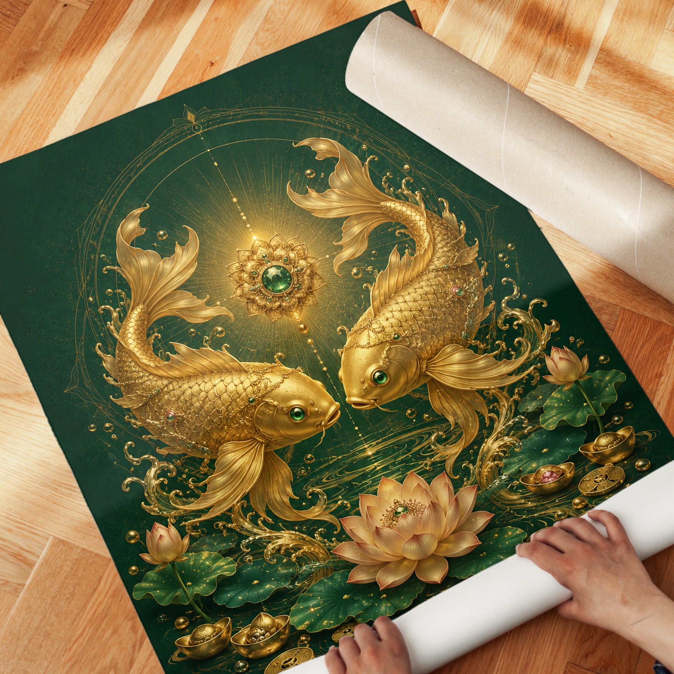 Koi Fish Wall Art – Lotus Flower Print - detail