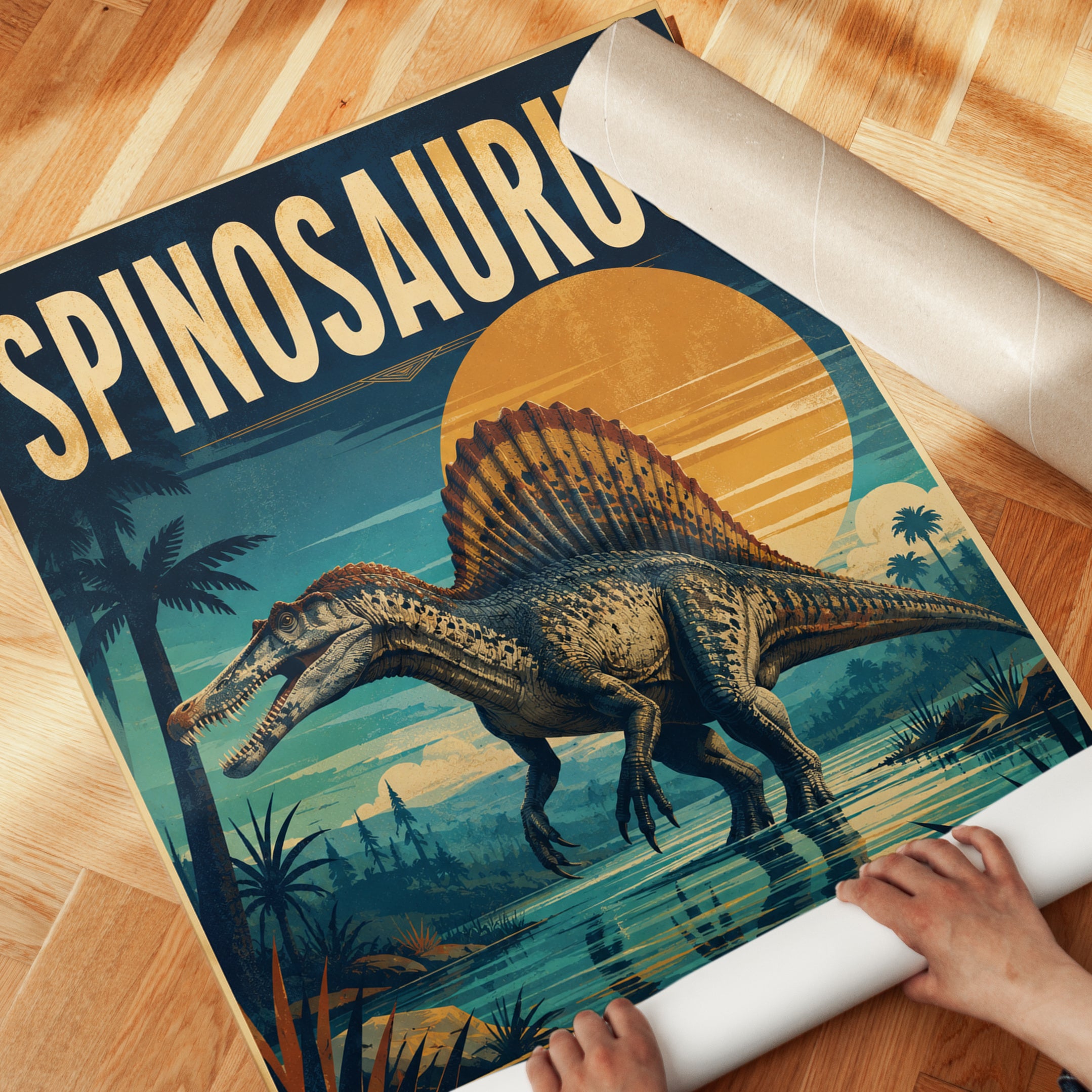Spinosaurus Poster: Retro Dinosaur Print (Kids Room & Nursery) - detail