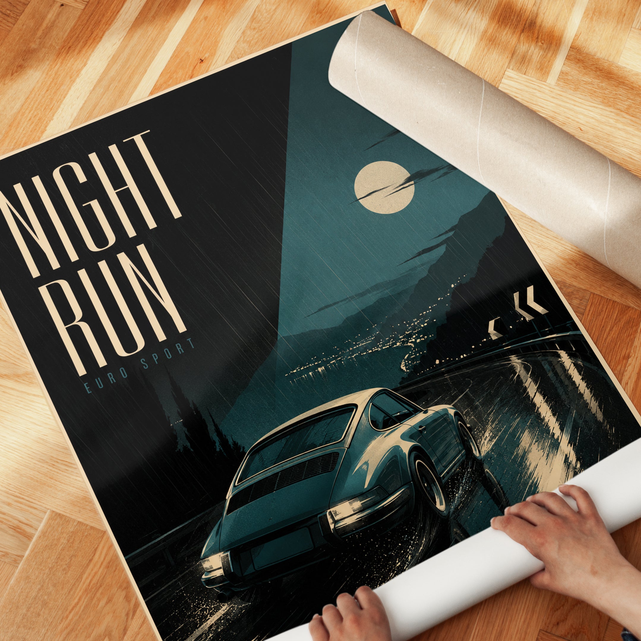 Night Run Sports Car Poster: Retro Racing Art with Teal Moonlight - detail