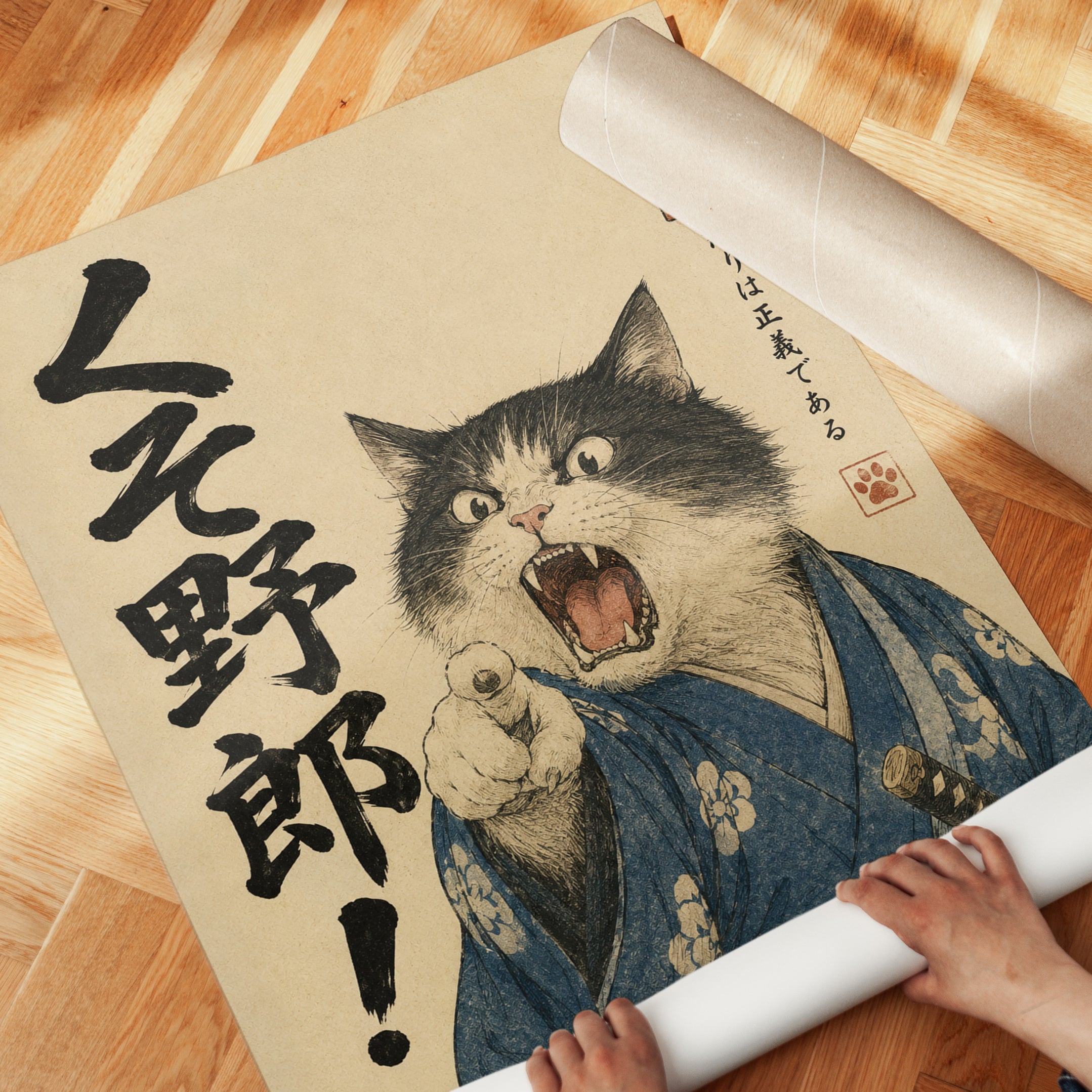 Japanese Samurai Cat Poster: Ukiyo-e Style Warrior Art Print - detail