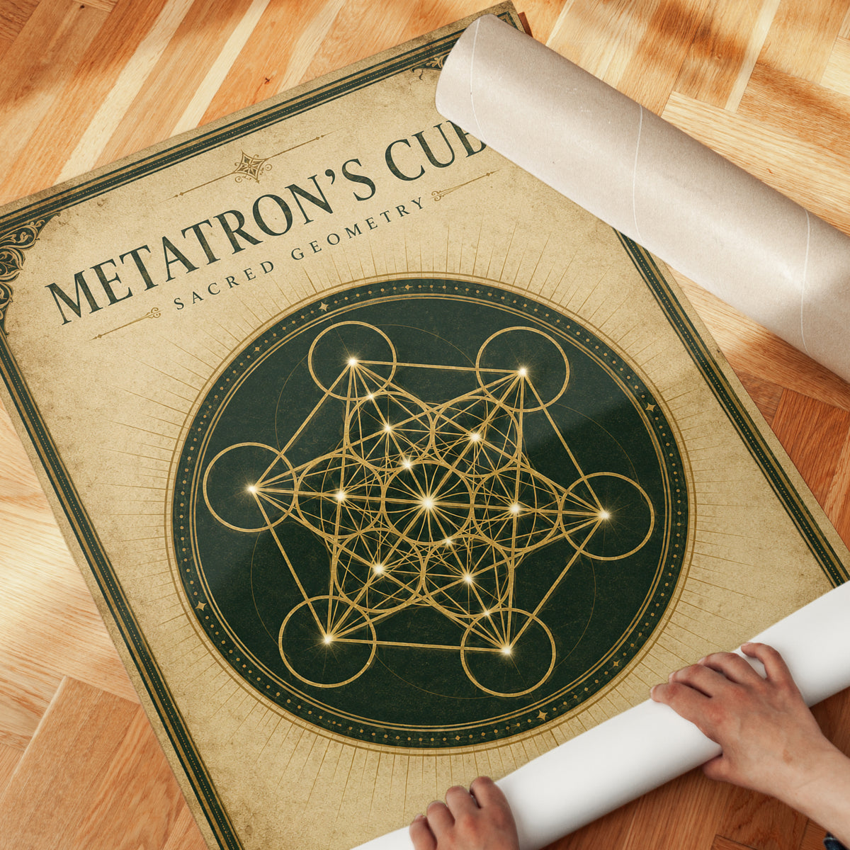 Sacred Geometry Print: Metatron's Cube (Gold Linework on Green) - detail