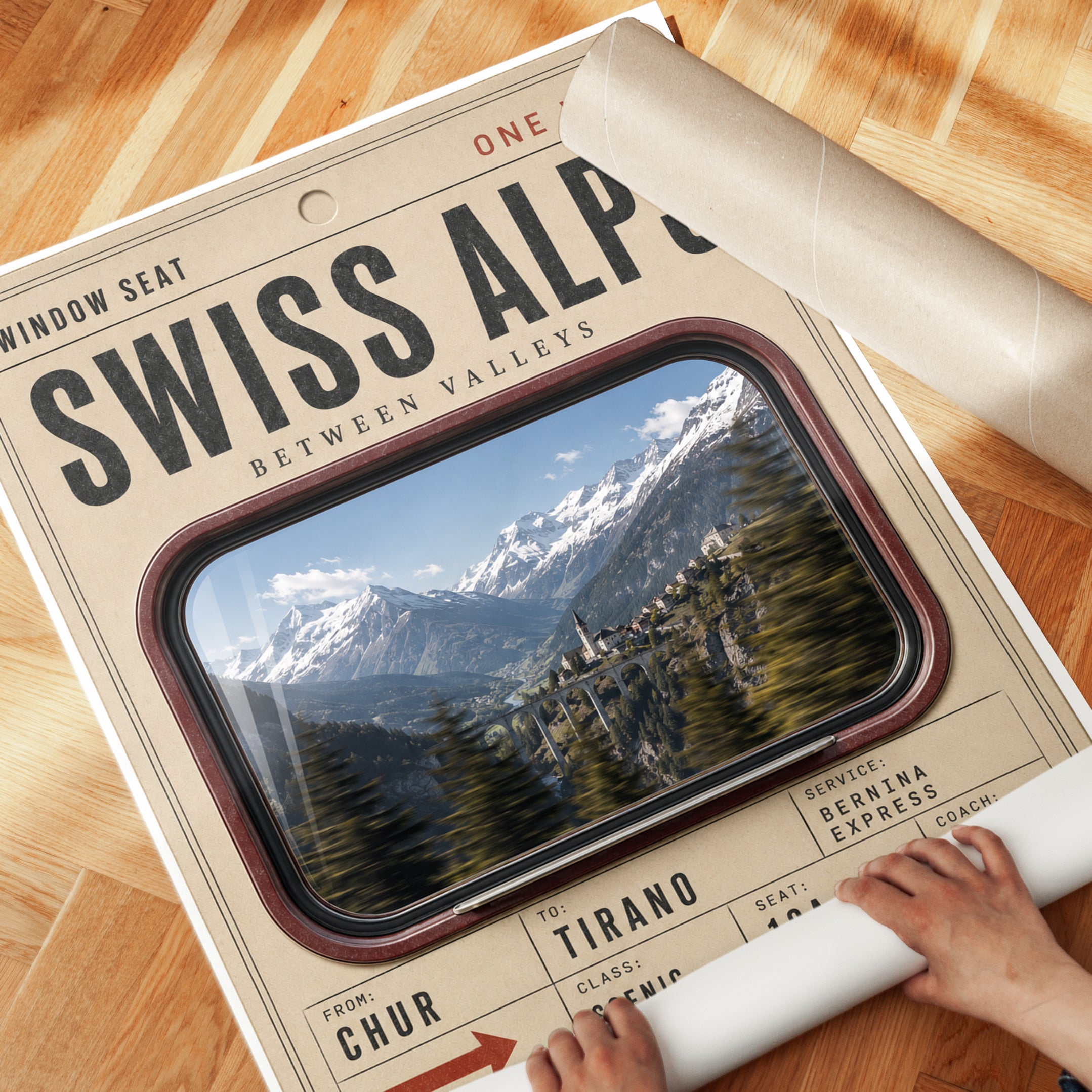 Swiss Alps Poster – Vintage Train Ticket Print - detail