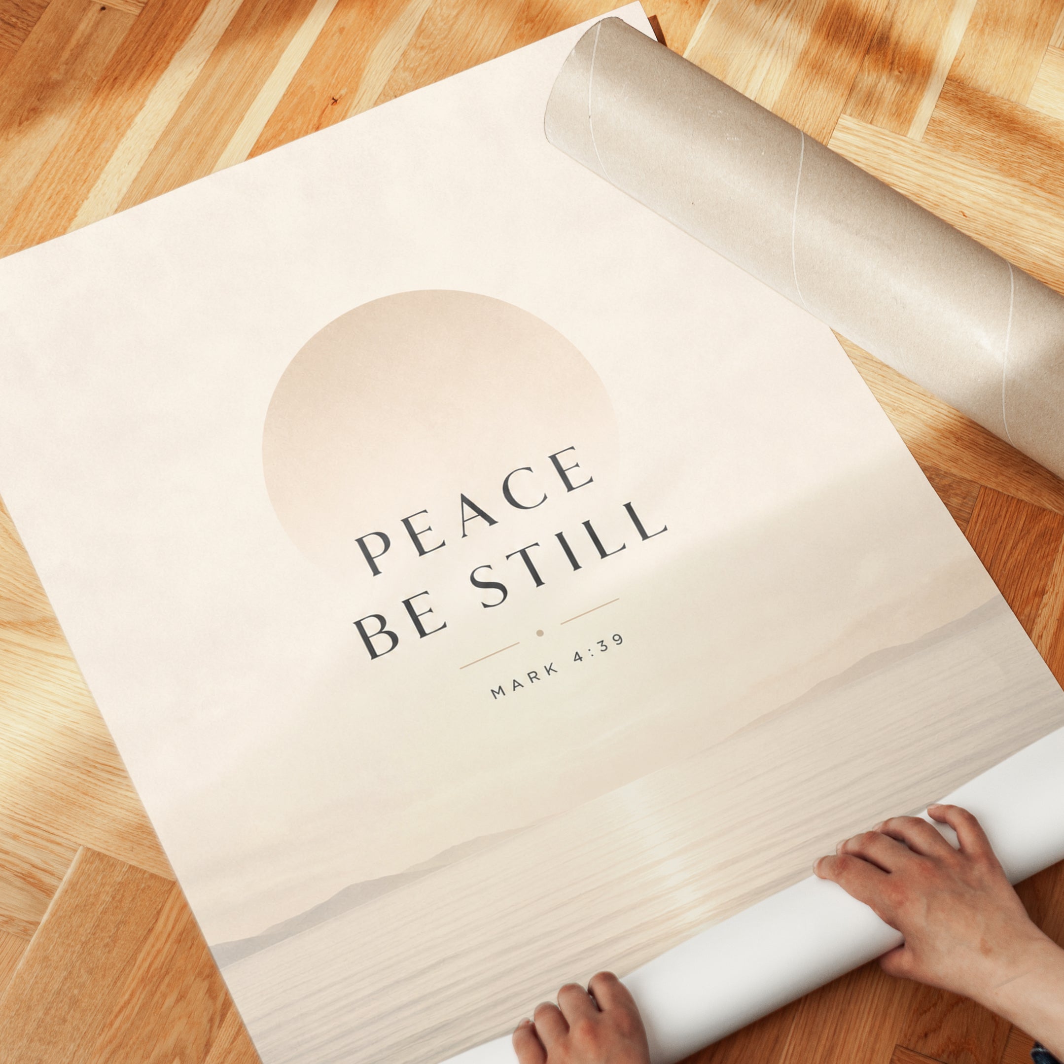 Peace Be Still Ocean Print: Minimalist Beige Biblical Wall Art - detail