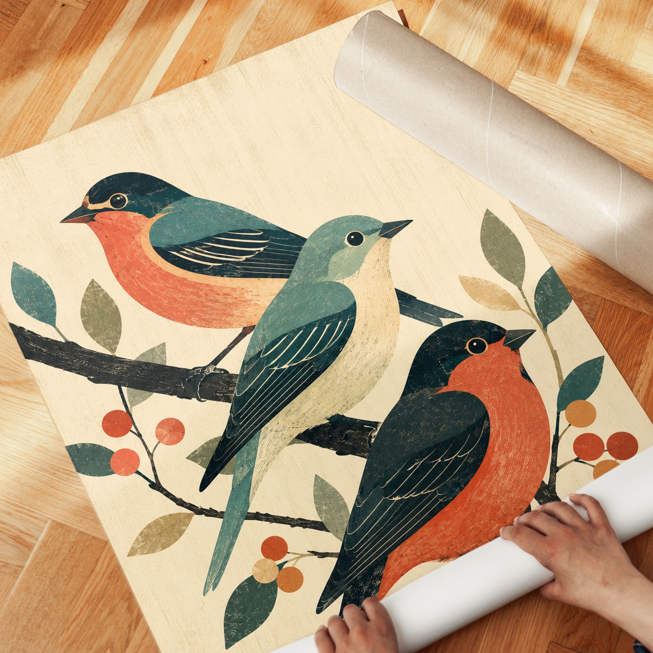 Vintage Songbirds Art Print: Mid-Century Modern Bird Illustration - detail