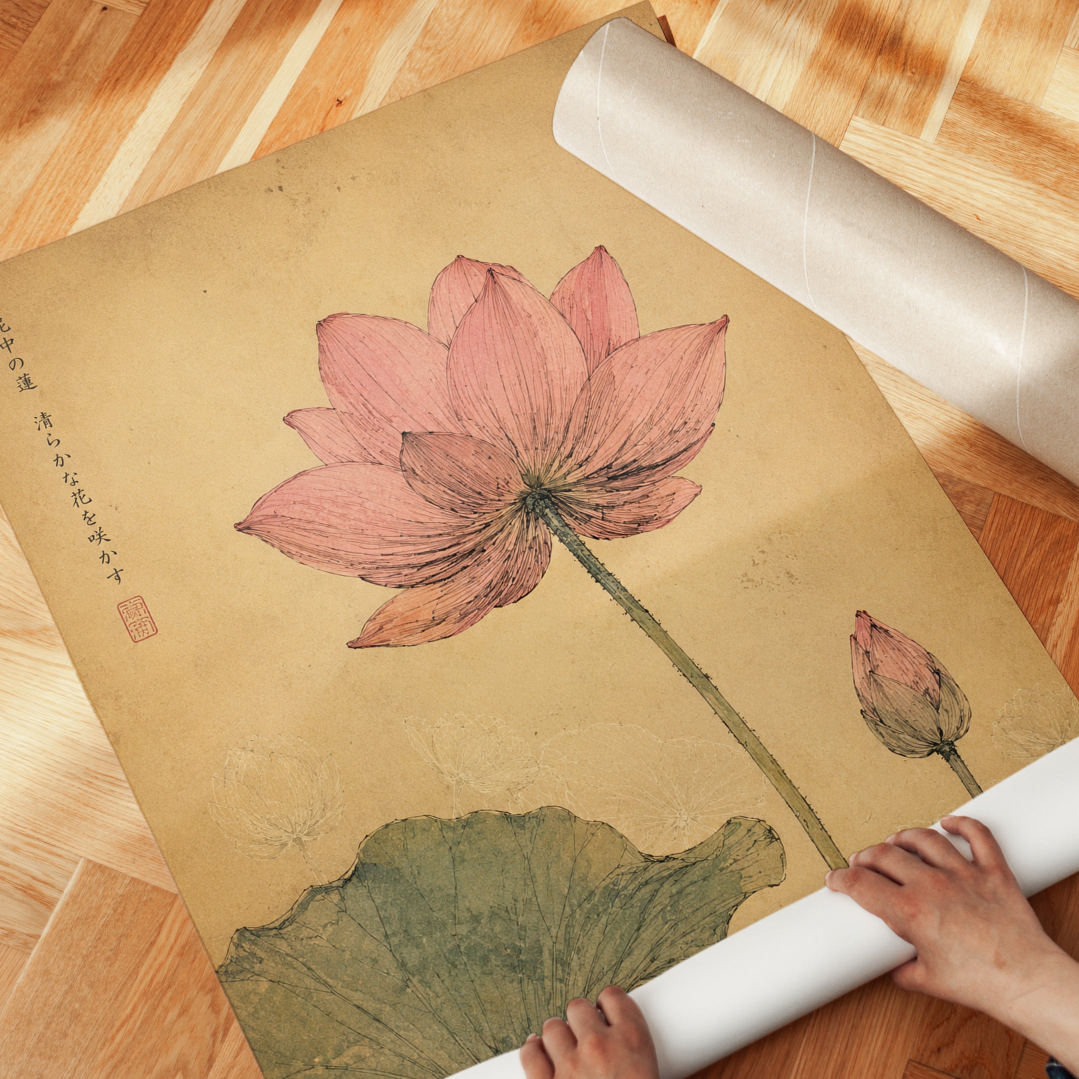 Lotus Flower Botanical Print — Vintage Asian Watercolor - detail