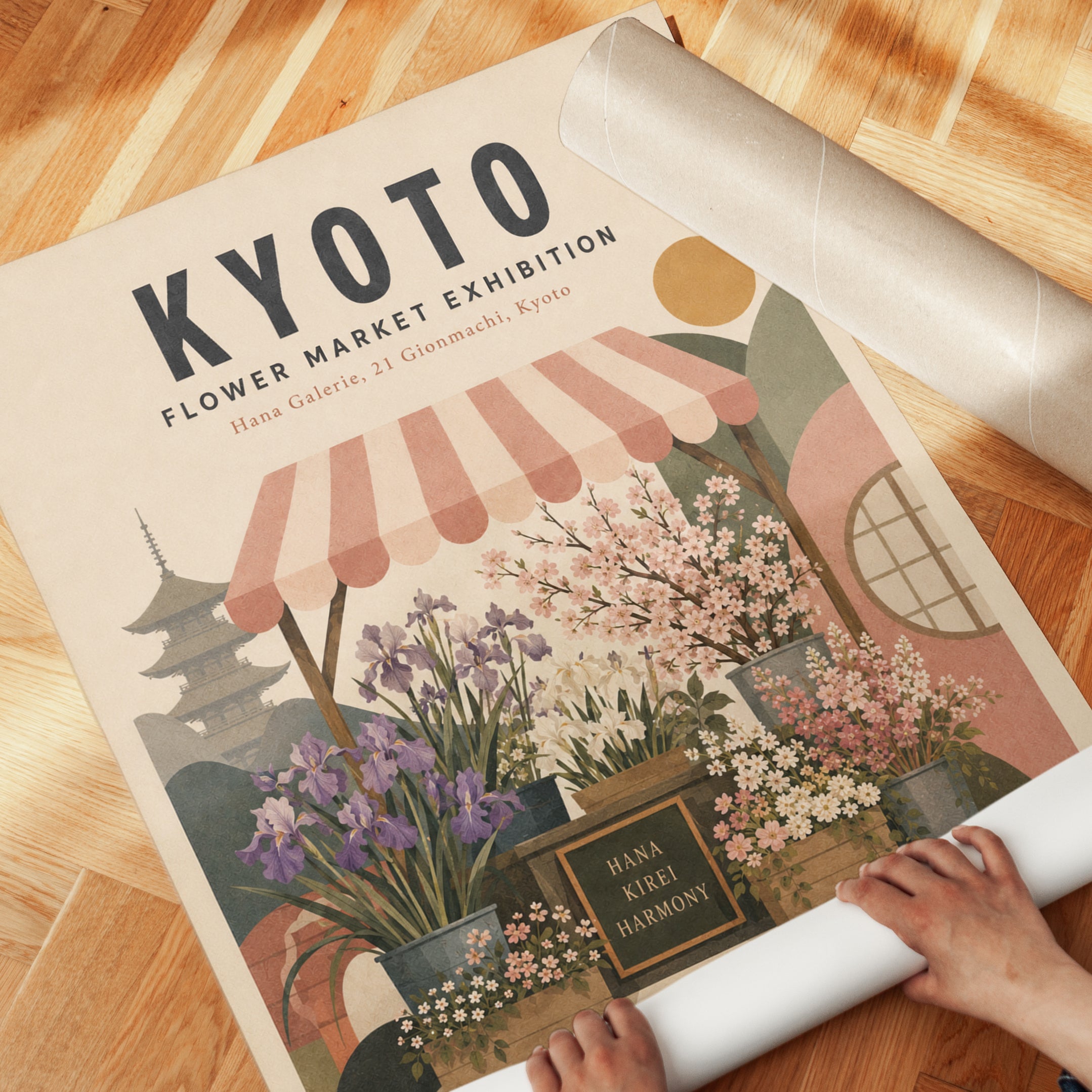 Kyoto Flower Market Print – Vintage Japanese Botanical Travel Poster - detail