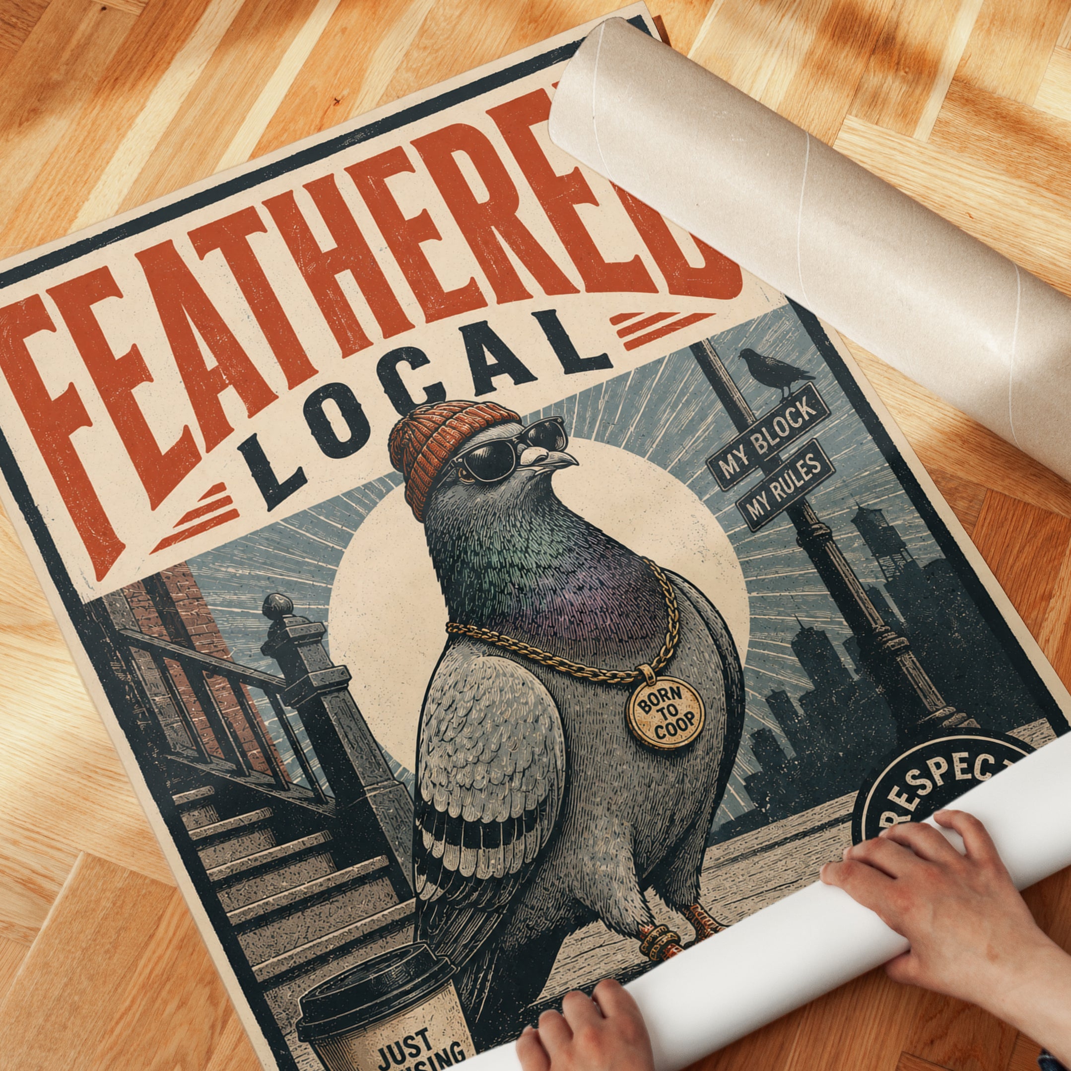 Feathered Local Pigeon Poster: Retro Urban Bird Wall Art - detail
