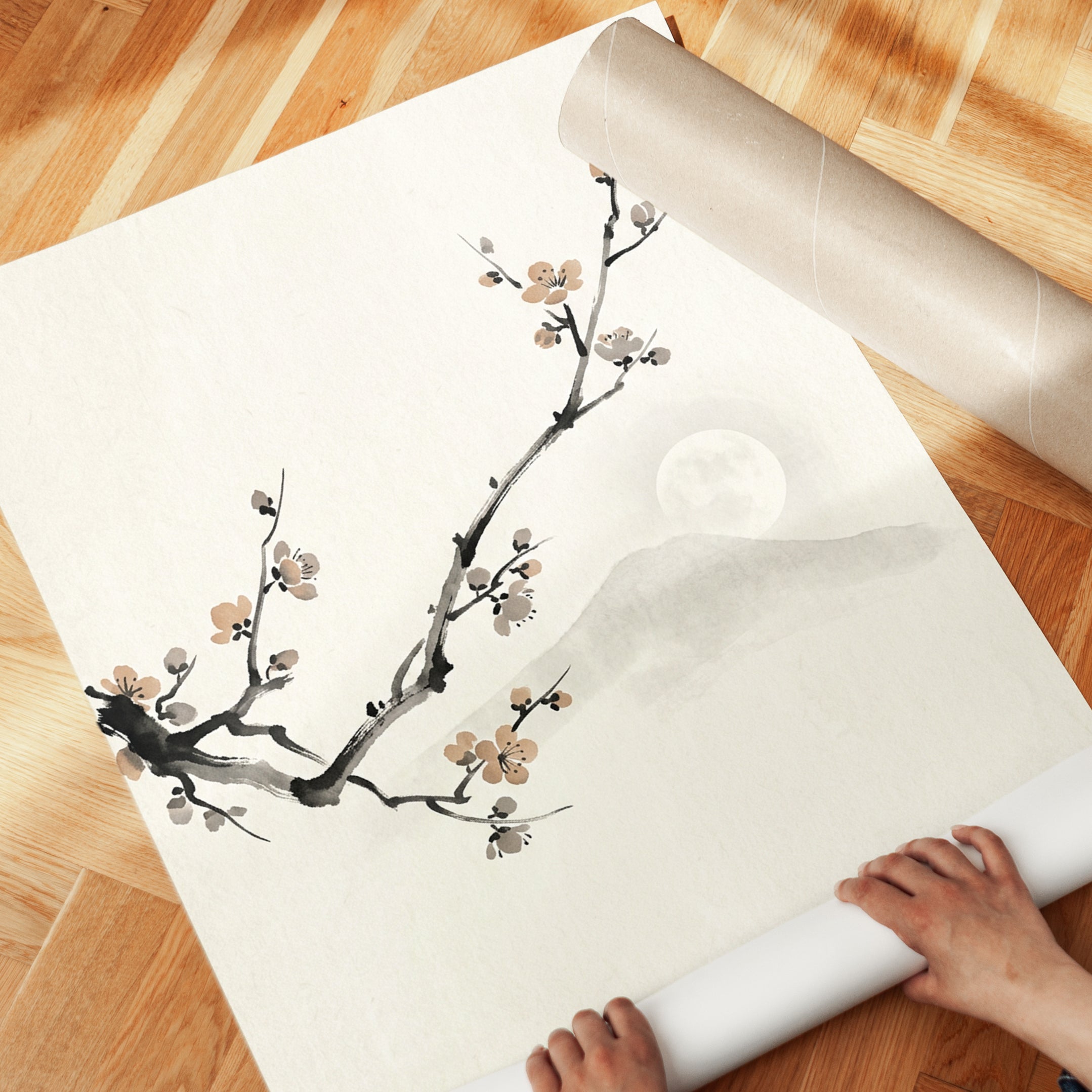Cherry Blossom Branch Art Print: Japanese Ink Wash Painting - detail