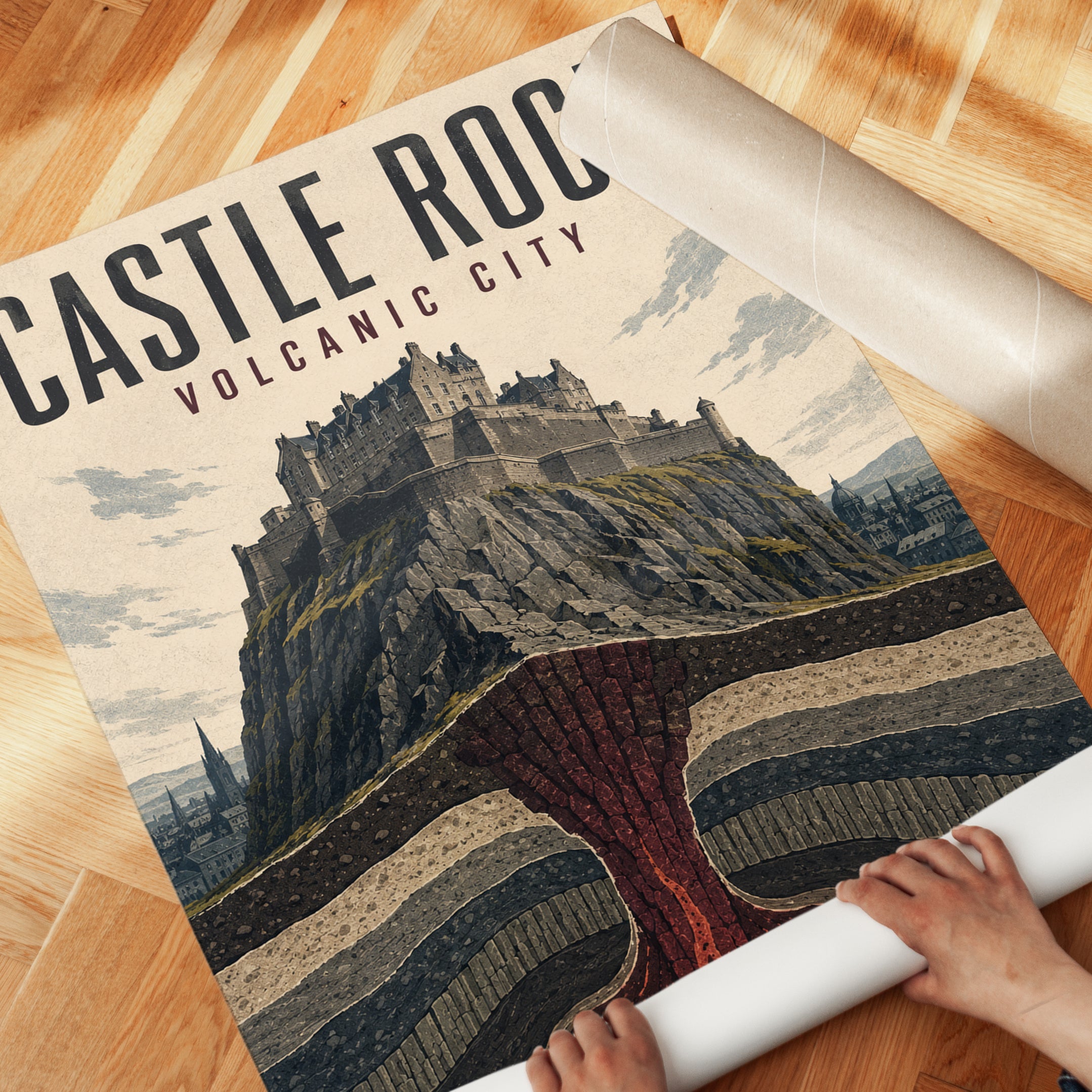 Vintage Travel Poster – Castle Rock Volcanic City - detail
