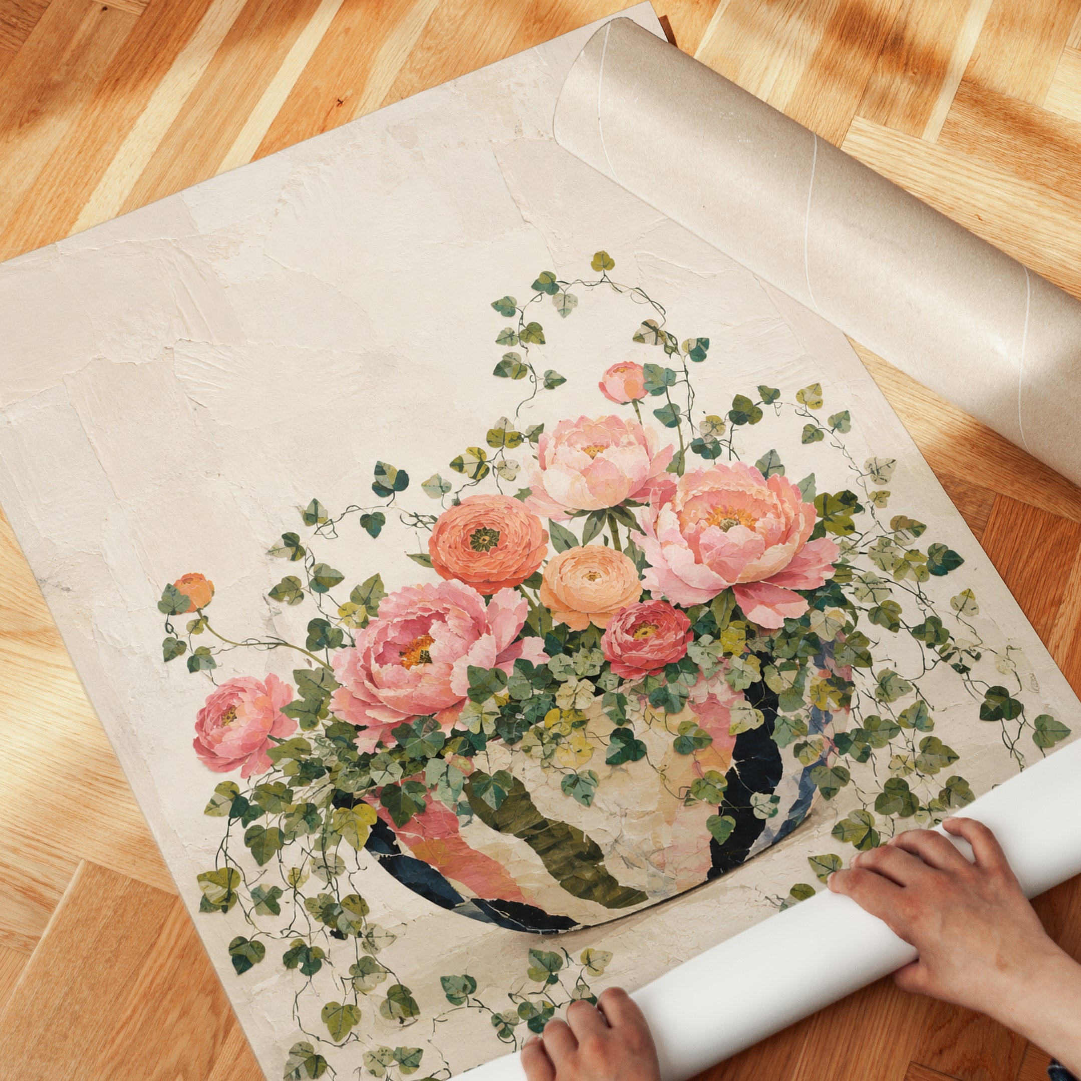 Pink Peonies and Ranunculus in Vase: Botanical Wall Art - detail