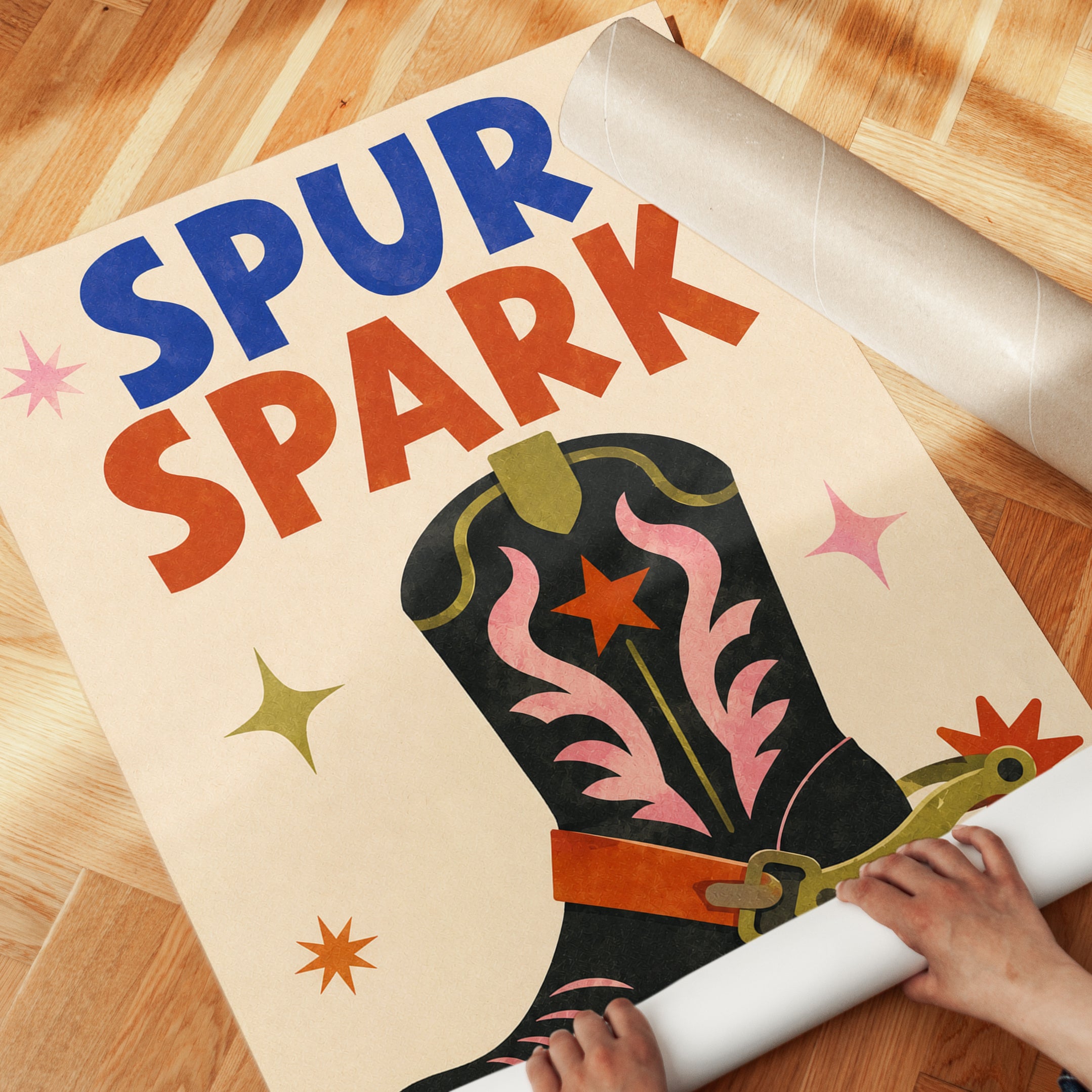 Spur Spark Cowboy Boot Print: Retro Western Typography Poster - detail