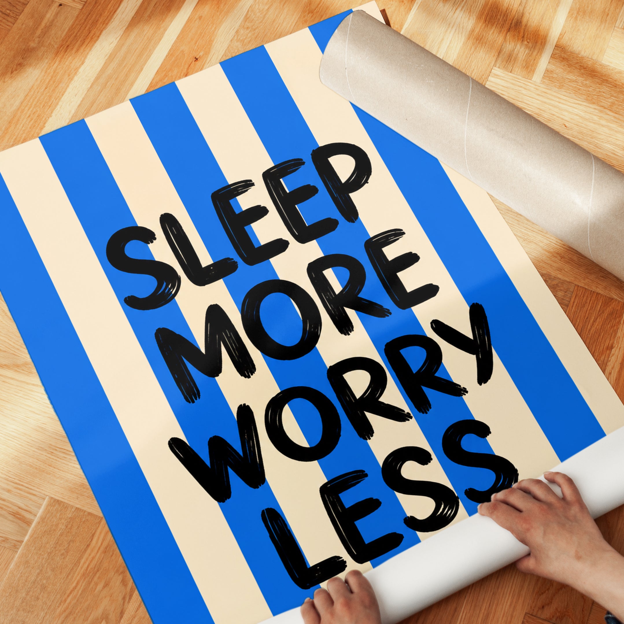 Sleep More Worry Less Print: Motivational Bedroom Art - detail