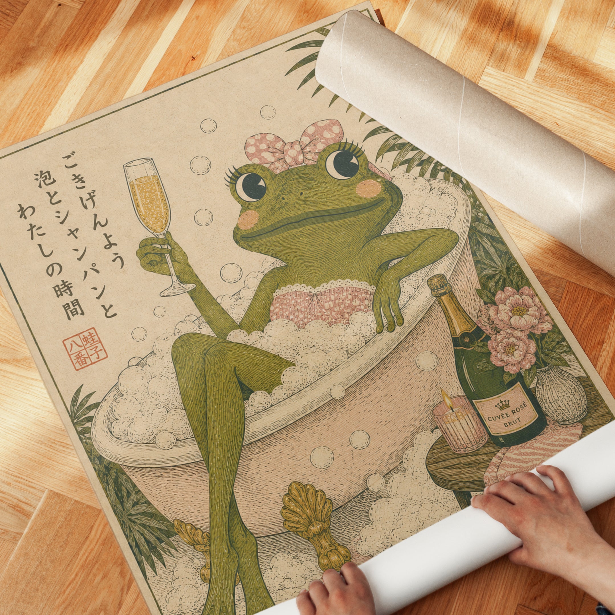Frog in Champagne Bath Print: Japanese Woodblock Style Art - detail