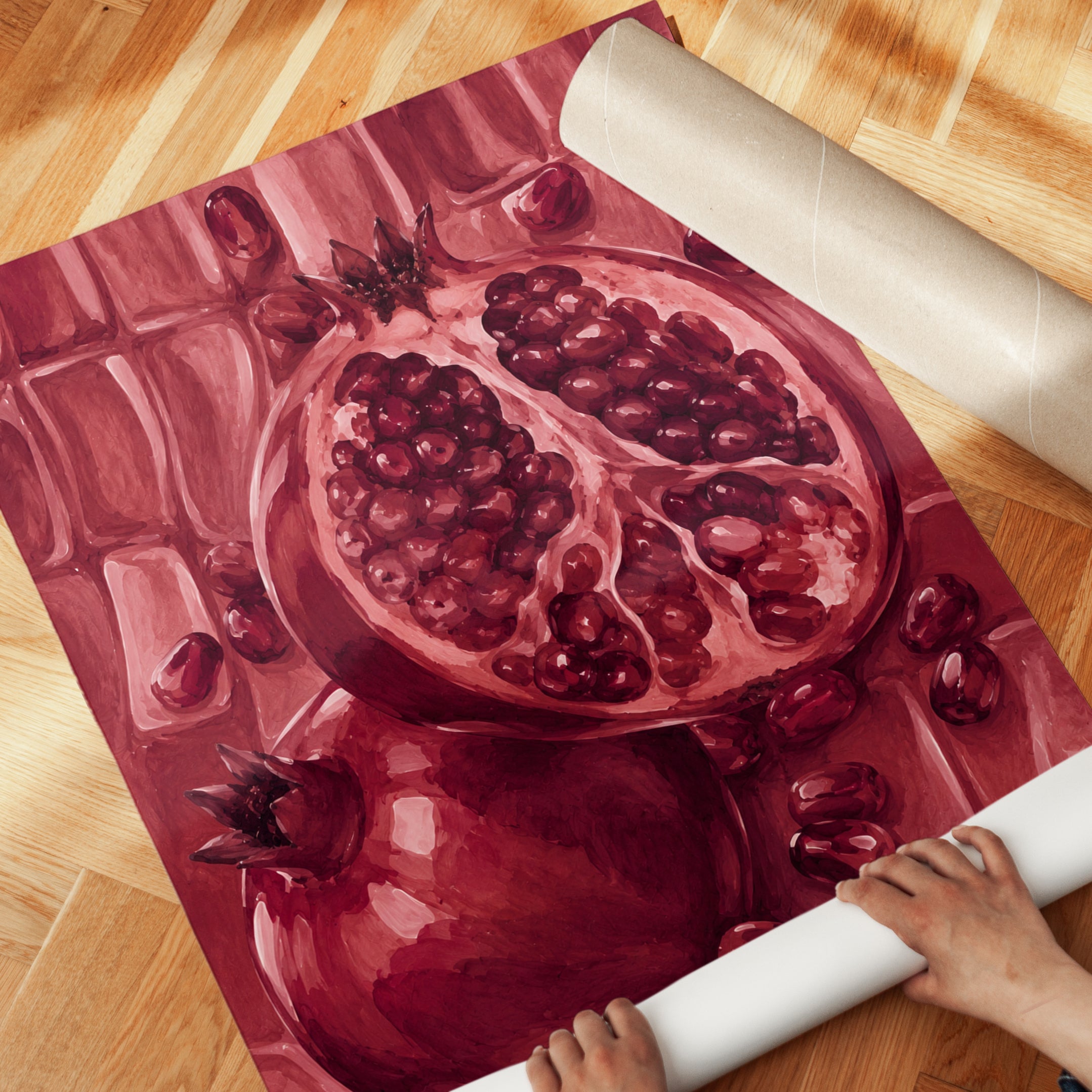Red Pomegranate Still Life: Monochromatic Kitchen Wall Art - detail